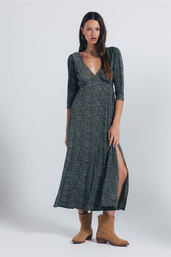 Springfield Vestido midi estampado florecitas kaki