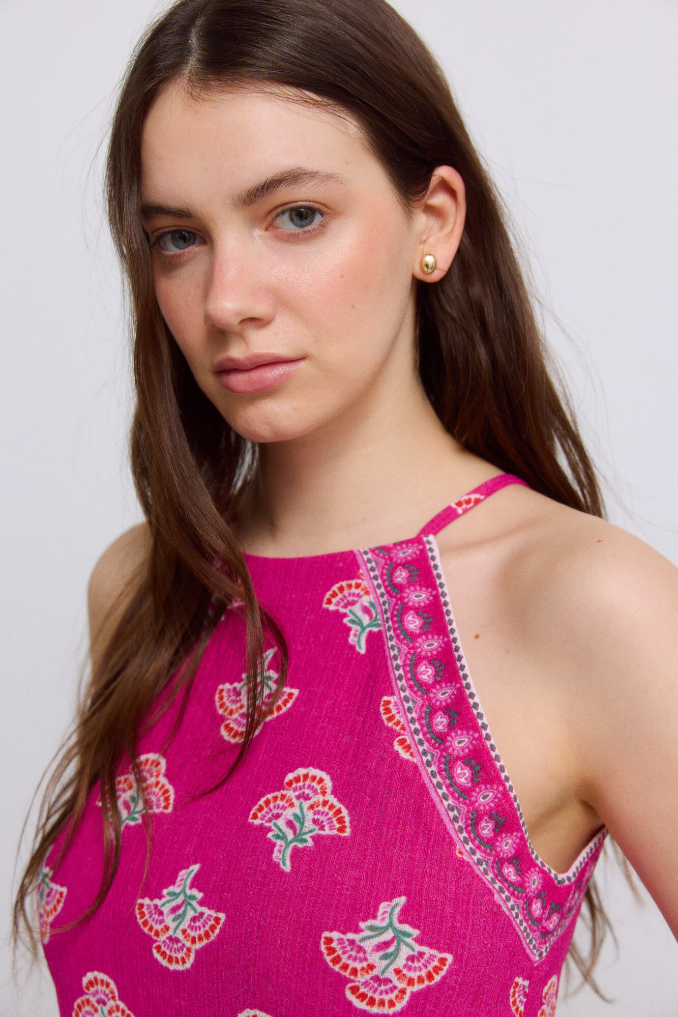 Springfield Playera cuello halter estampada fucsia