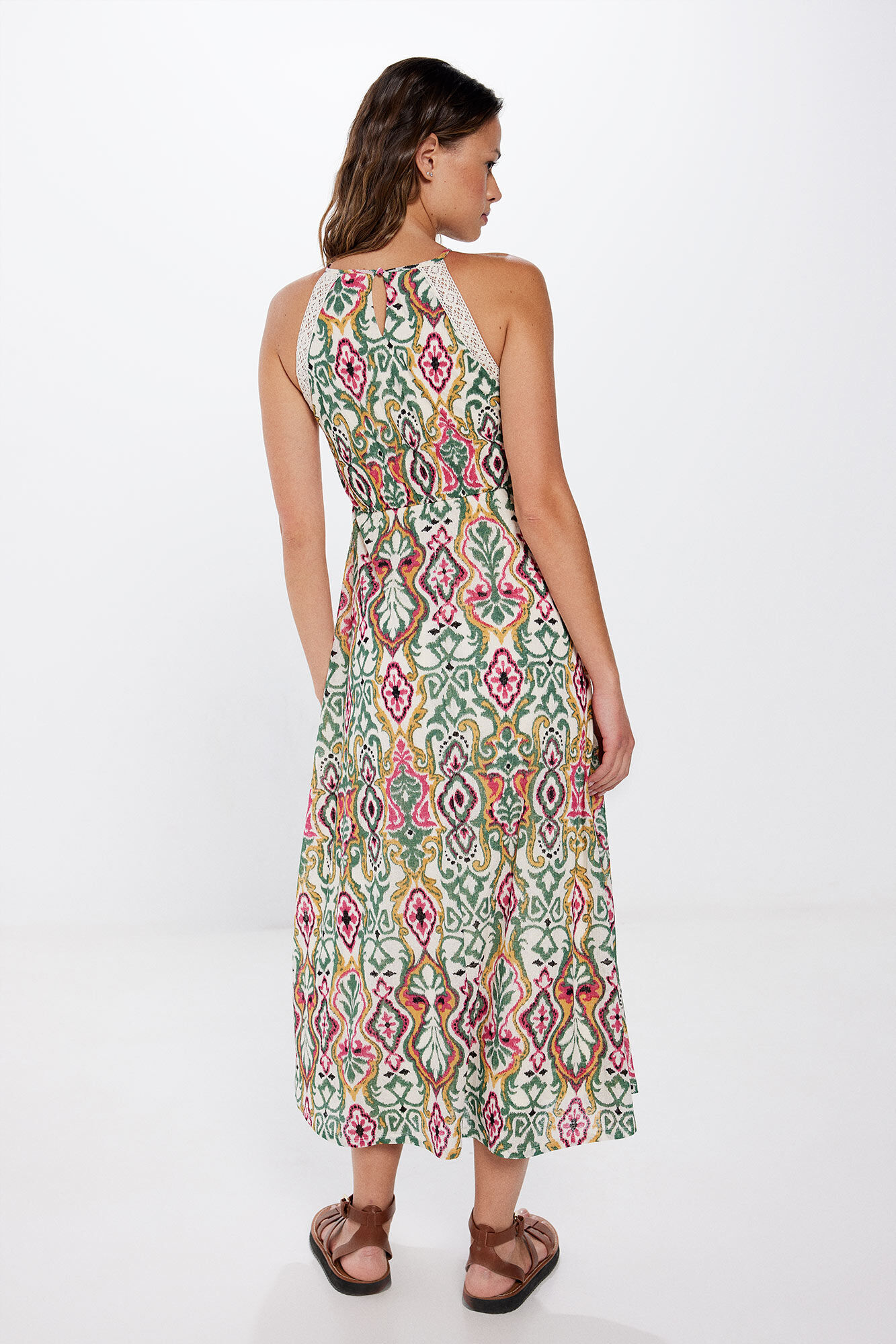 Springfield Vestido midi escote halter estampado &eacute;tnico beige