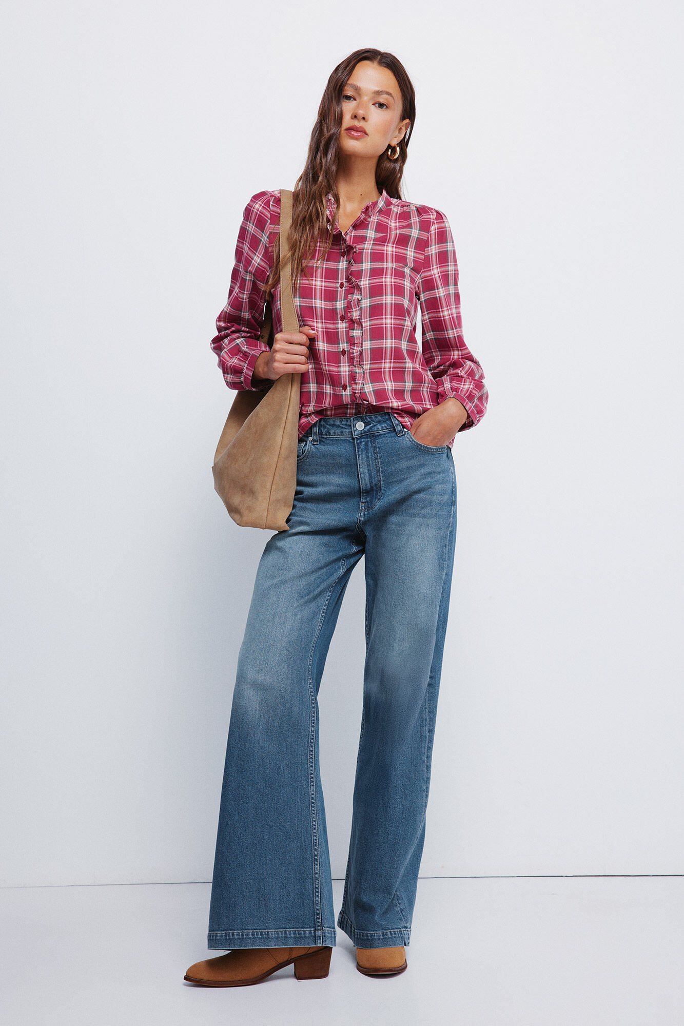 Springfield Blusa cuadros volante solapa naranja