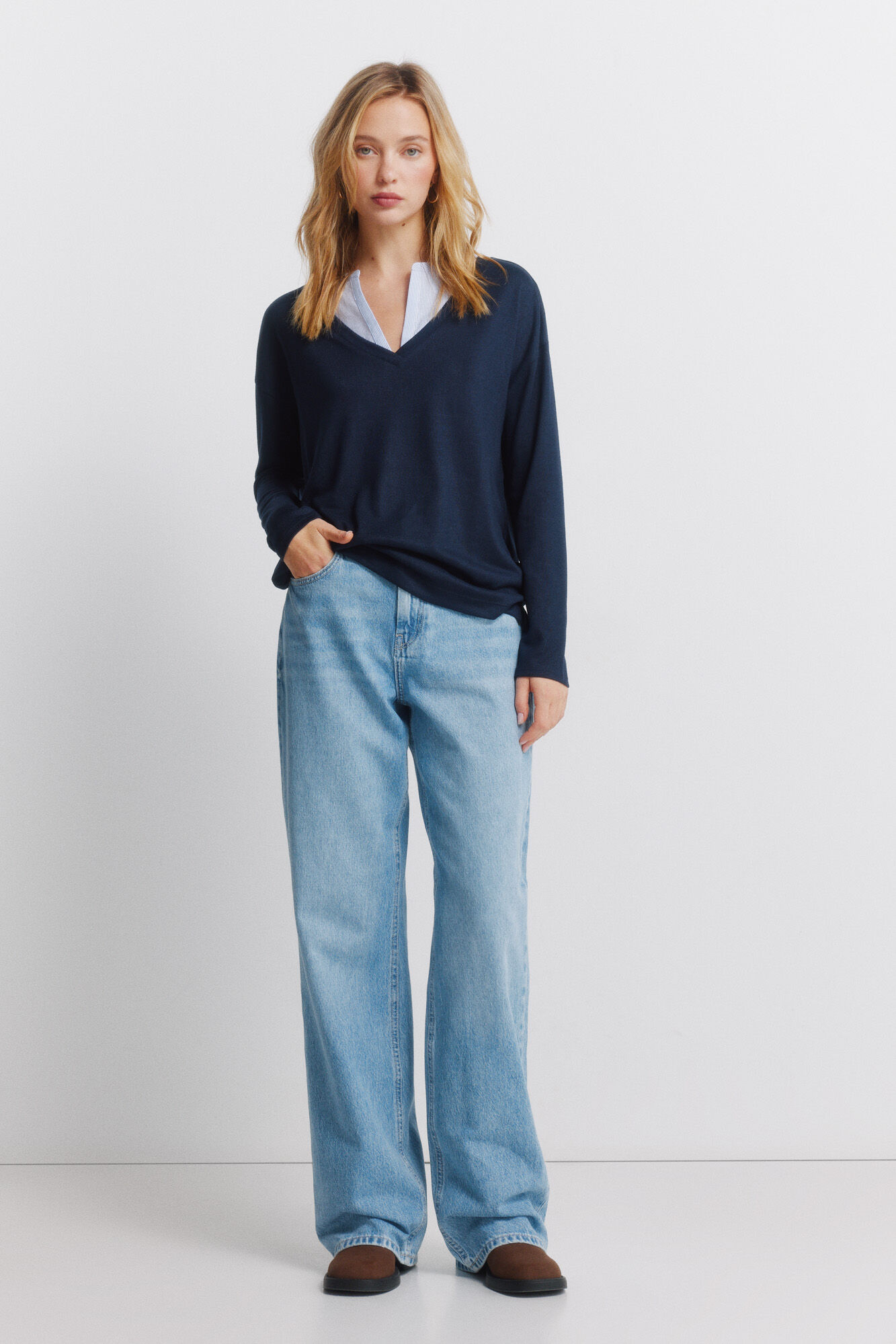 Springfield Playera manga larga escote en pico marino