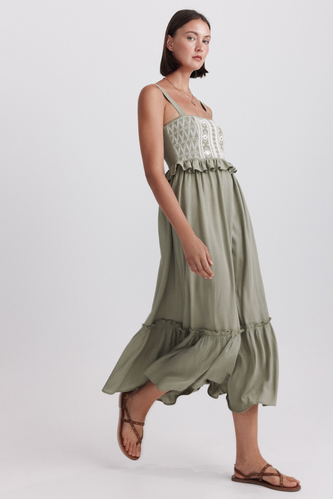 Springfield Vestido midi de tirantes bordado kaki