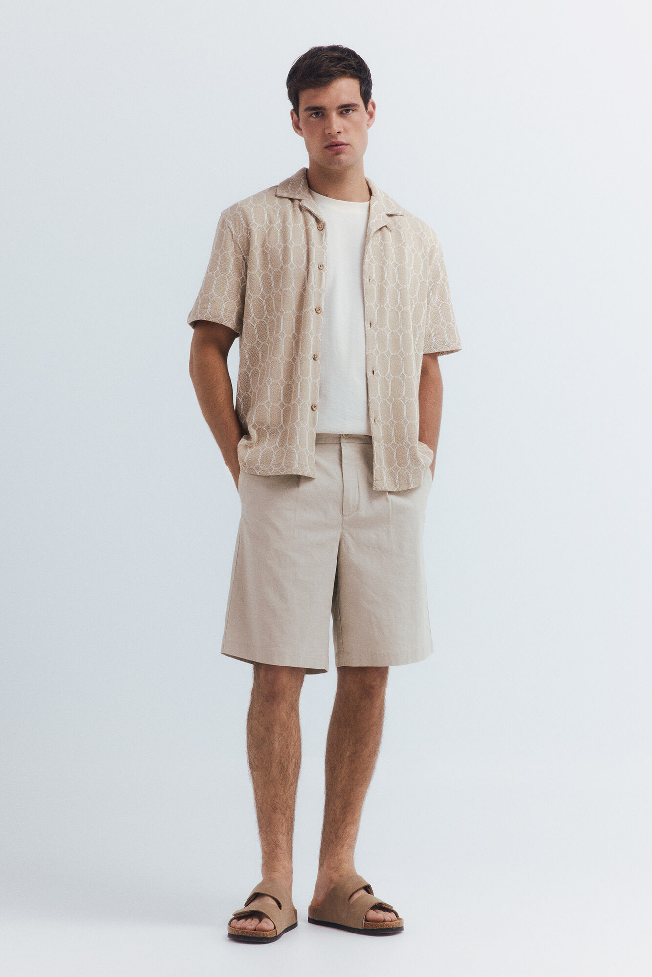 Springfield Camisa bowling manga corta tejido estampado beige