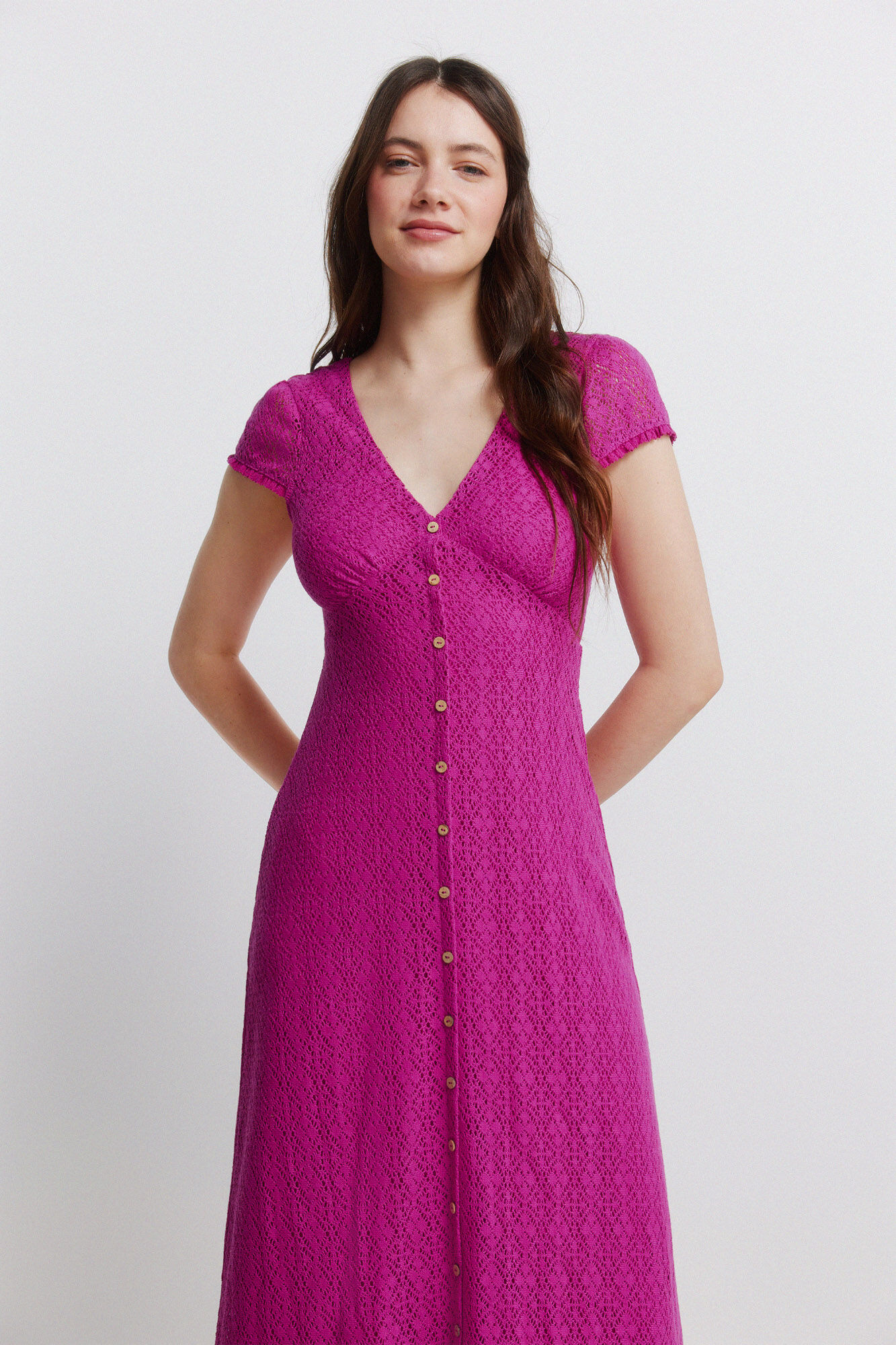 Springfield Vestido midi de crochet con botones fucsia