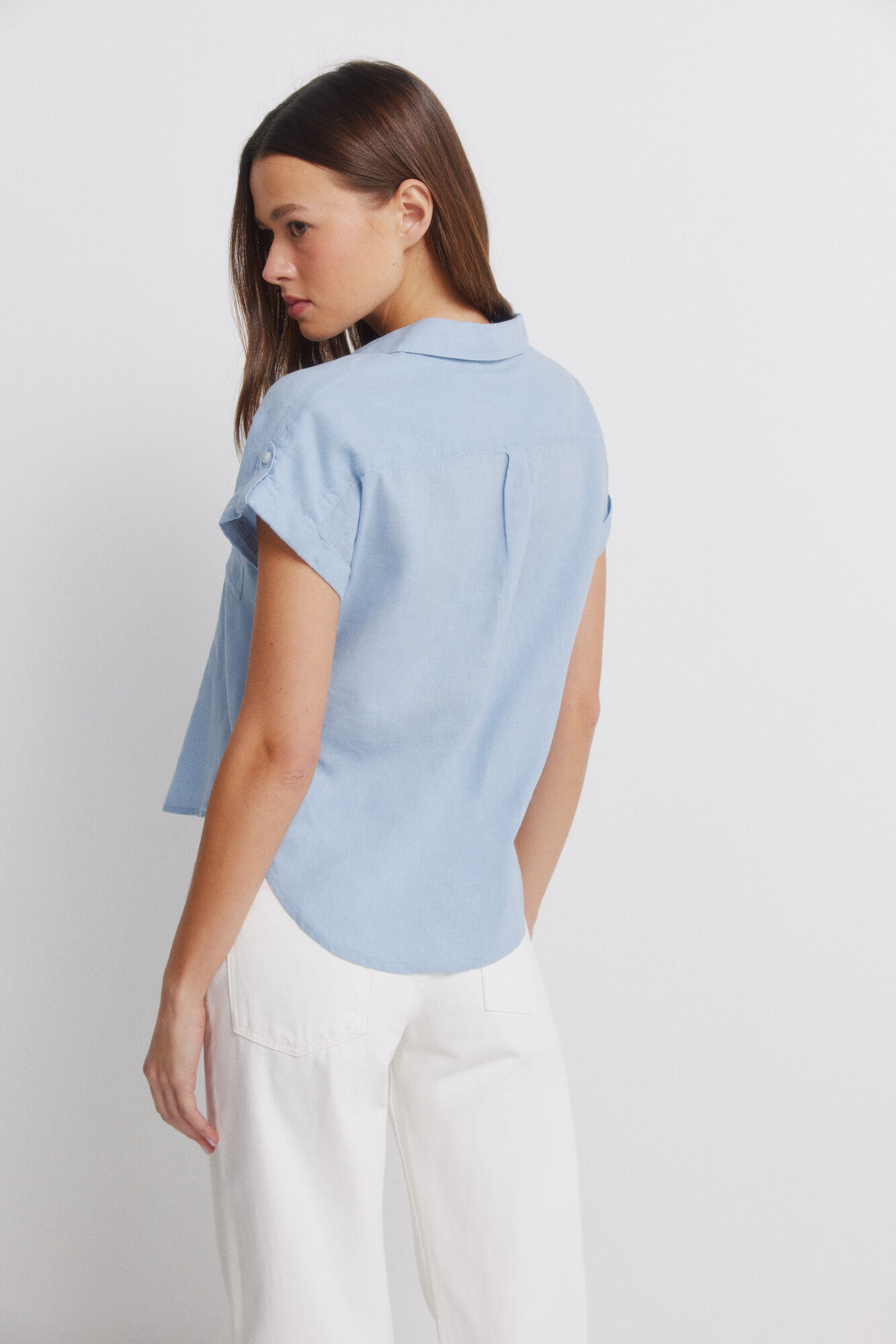 Springfield Camisa de manga corta de lino azul