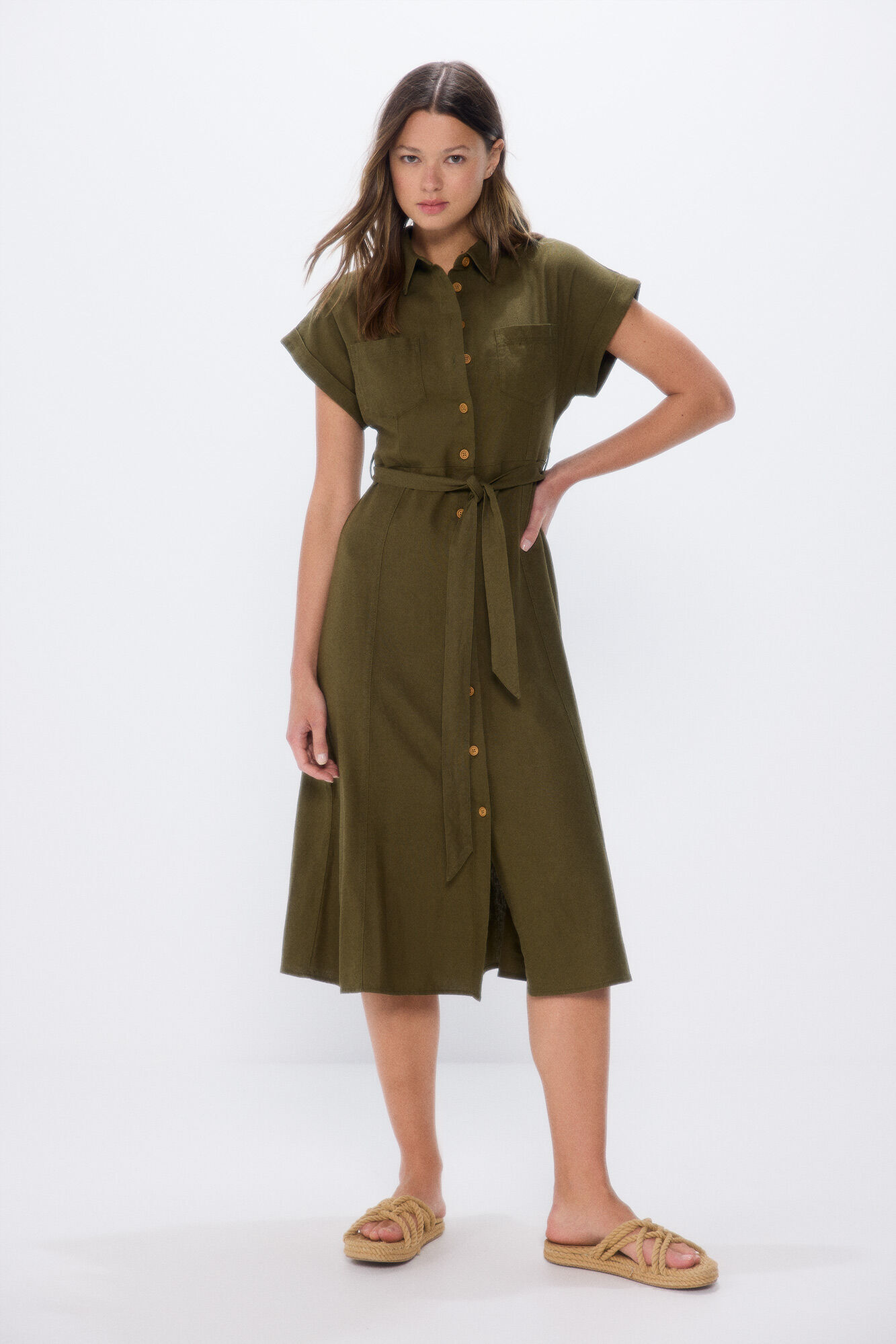 Springfield Vestido midi camisero khaki