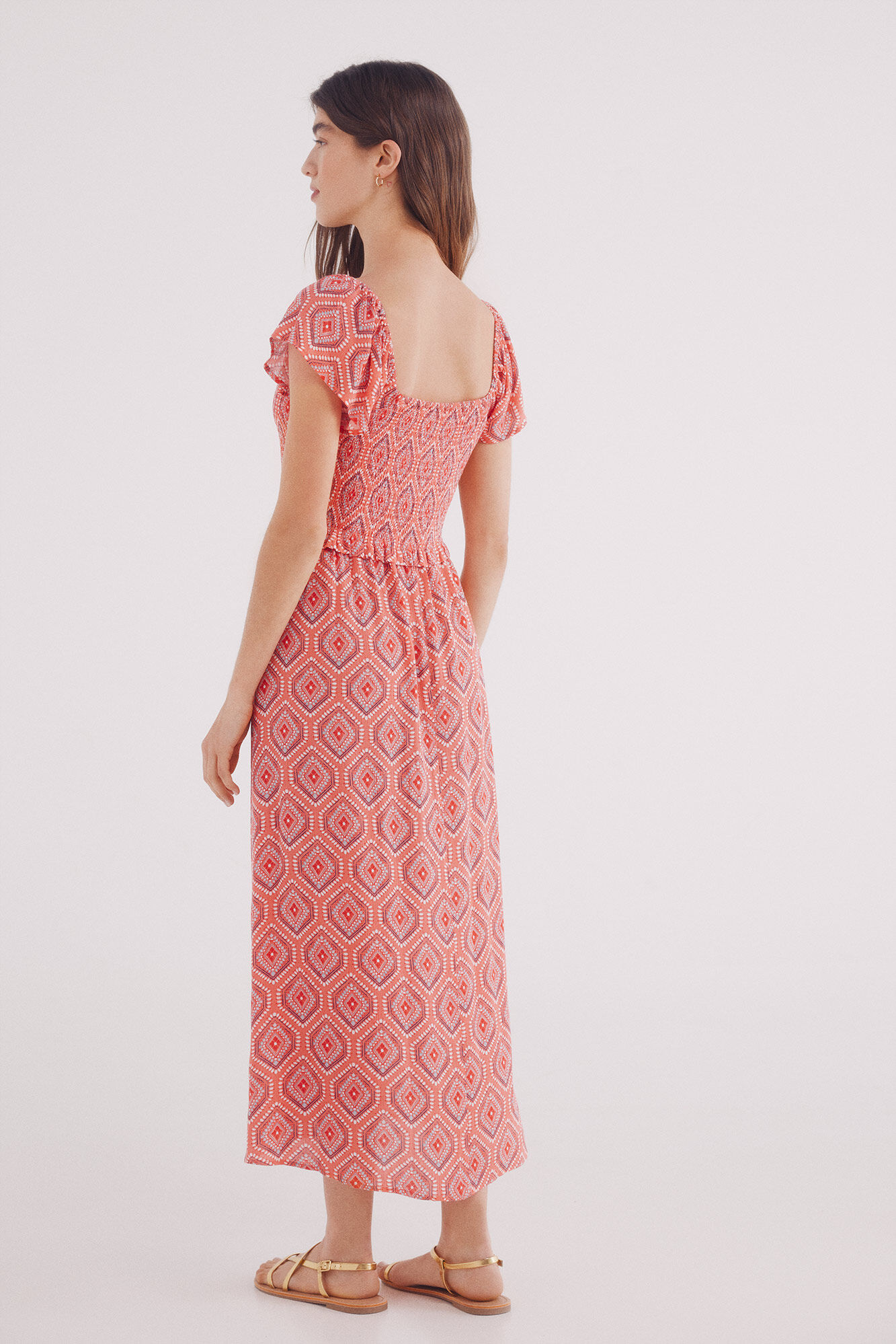 Springfield Vestido midi estampado cuerpo smock coral