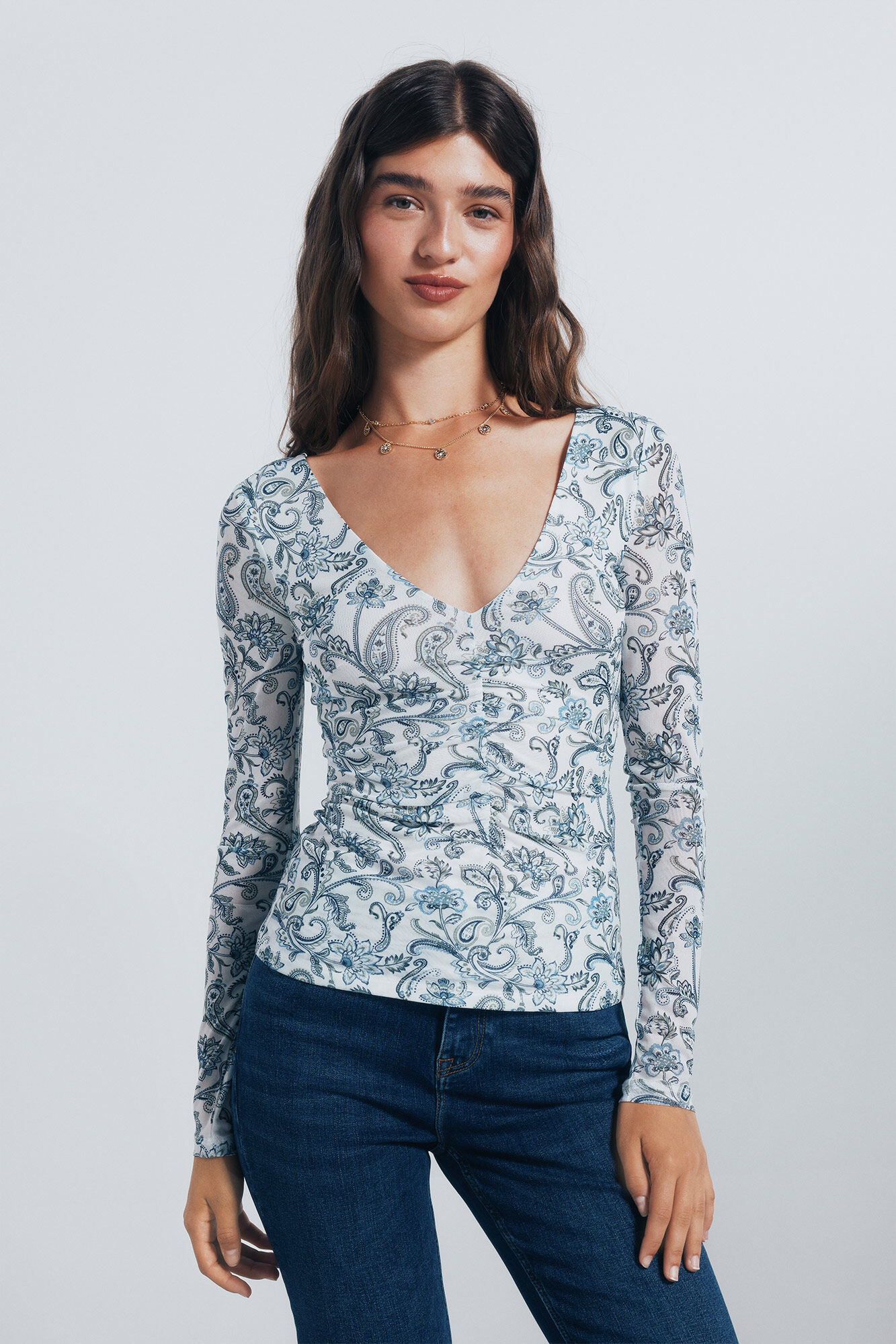 Springfield Playera gasa escote frunces estampada