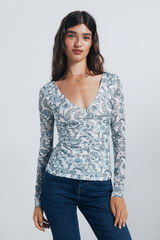 Springfield Playera gasa escote frunces estampada blanco