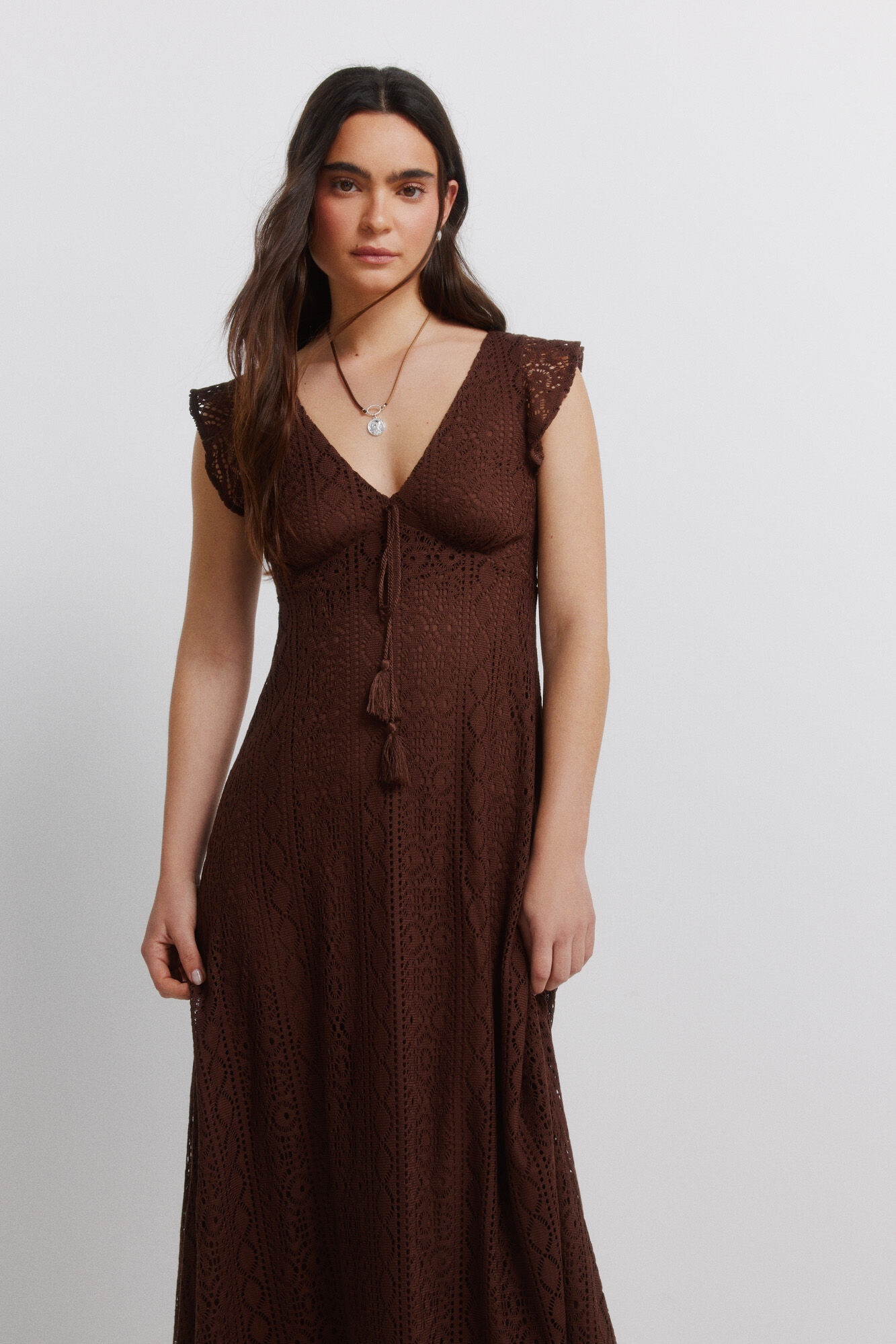 Springfield Vestido midi de manga corta con volantes caf&eacute;