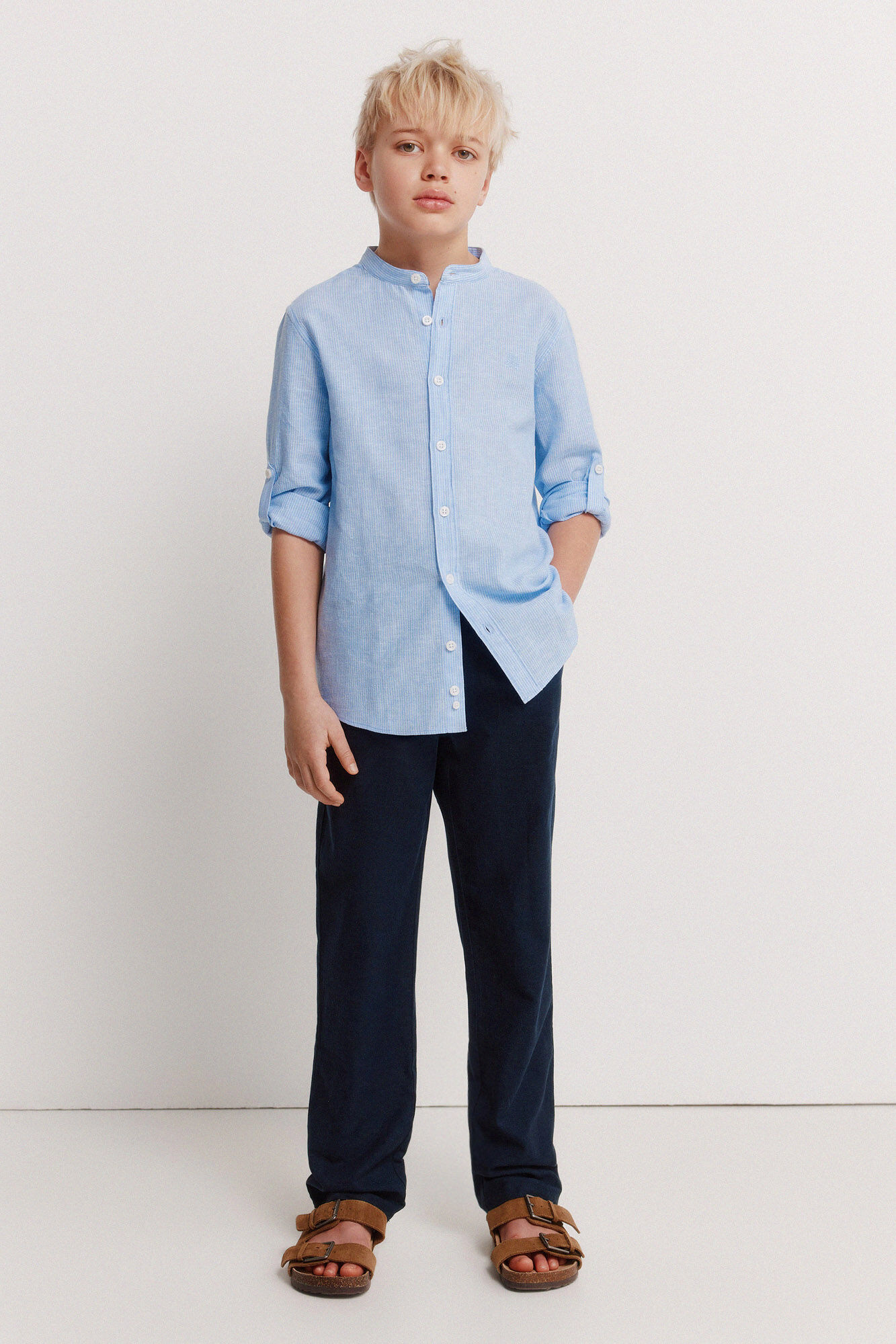 Springfield Kids Camisa cuello mao a rayas de lino para ni&ntilde;o azul