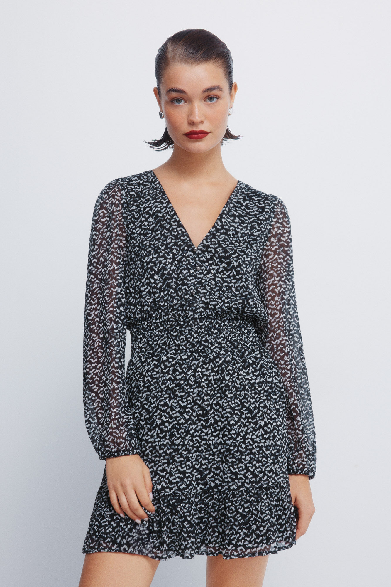 Springfield Vestido corto short de gasa con estampado corto negro