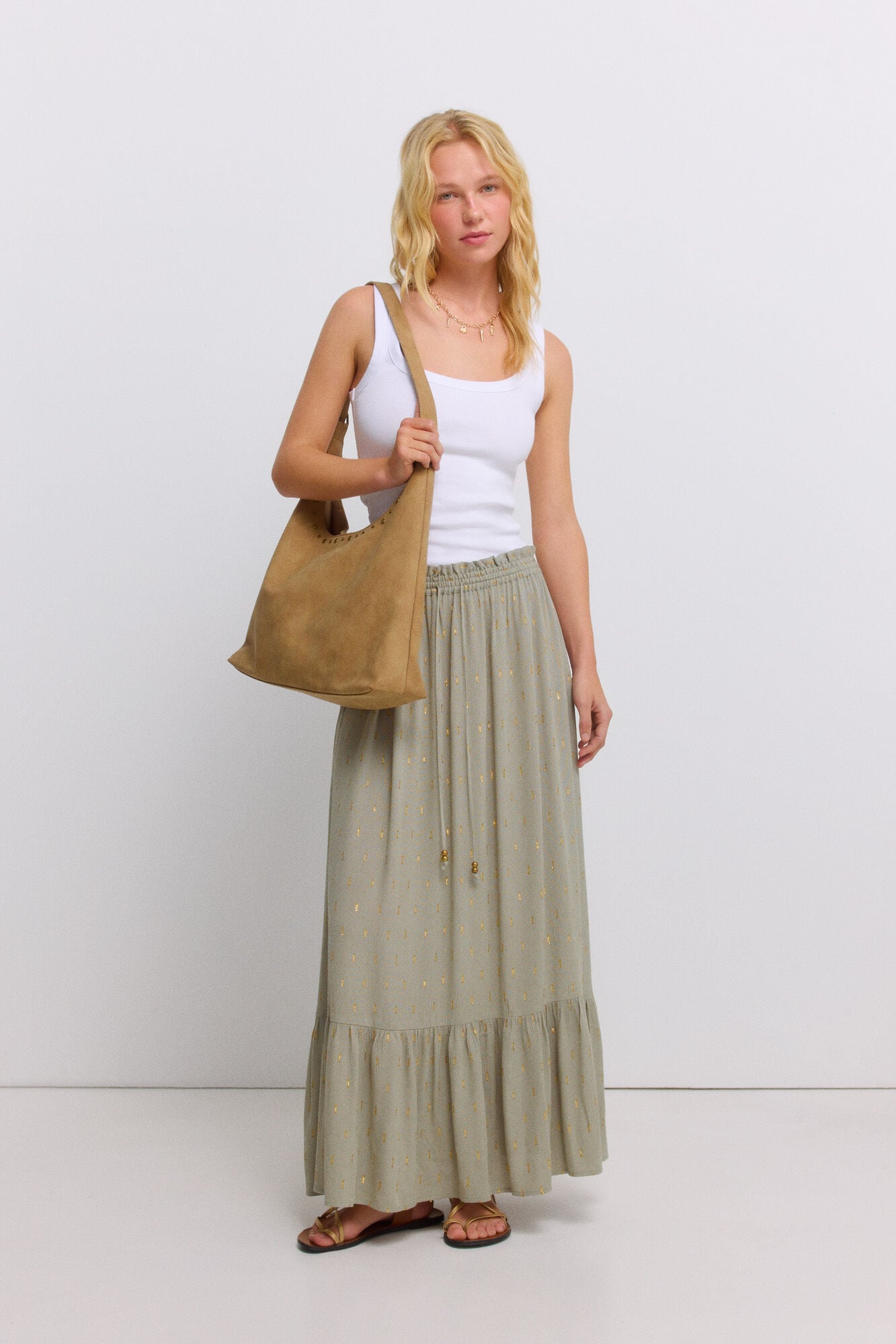 Springfield Falda larga con volantes de lurex kaki