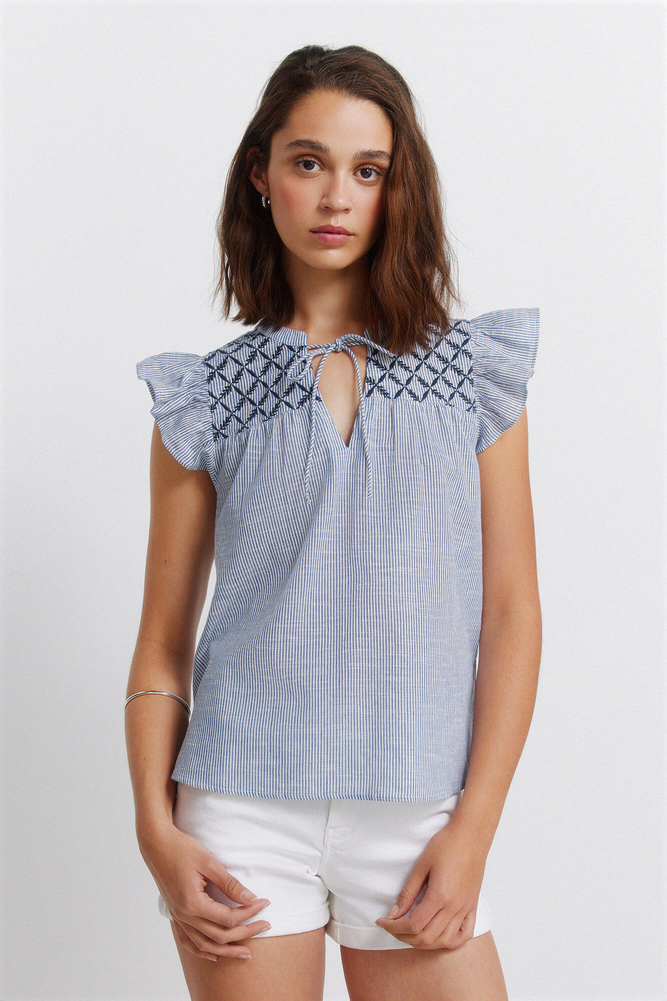 Springfield Blusa de plumet&iacute; con volantes turquesa