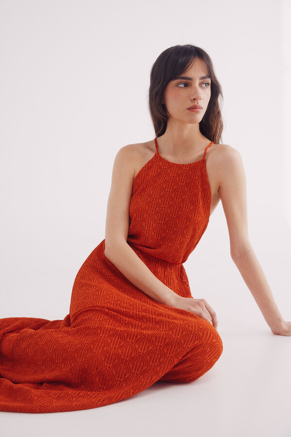 Springfield Vestido midi escote halter crochet naranja