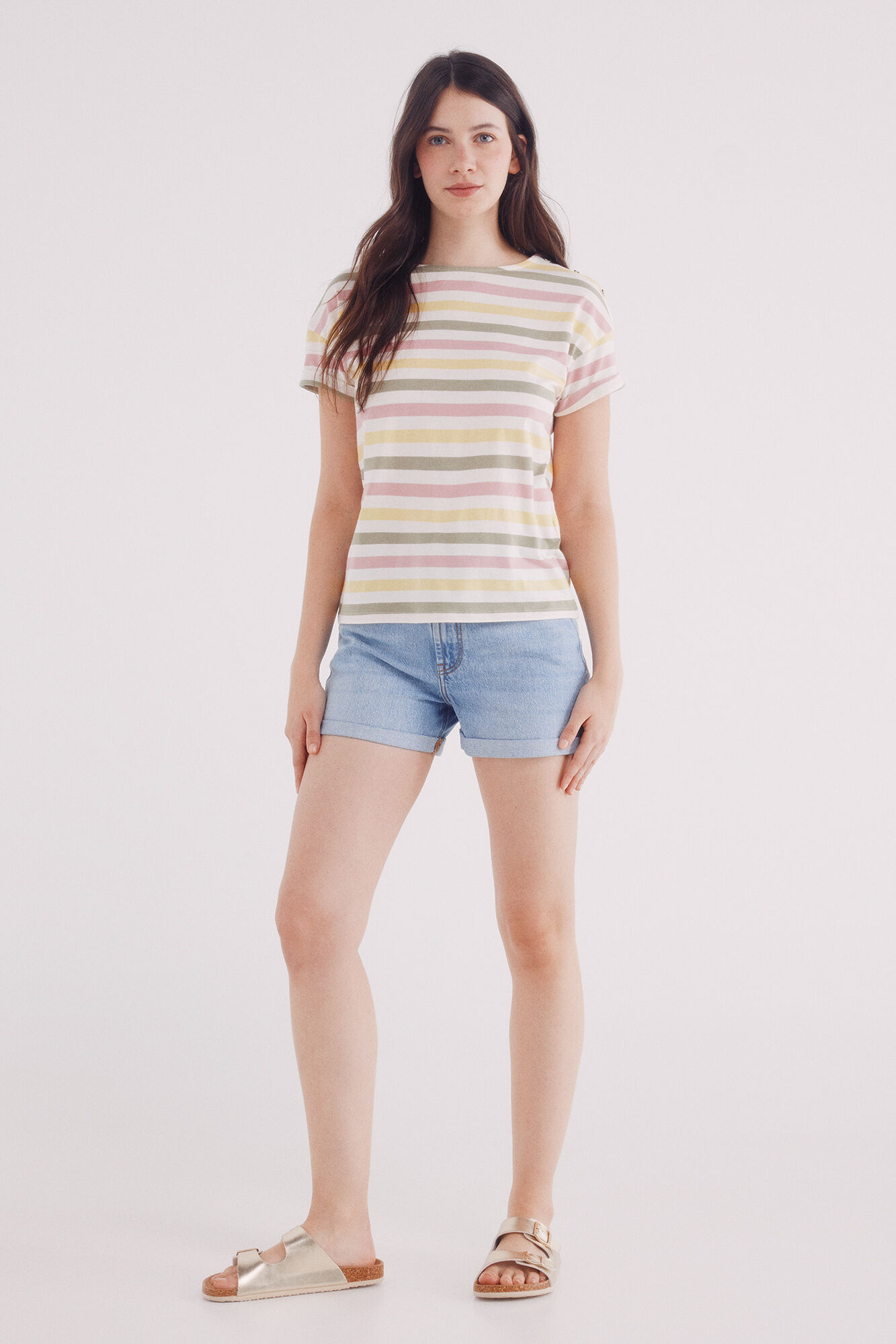 Springfield Playera rayas botones hombro beige