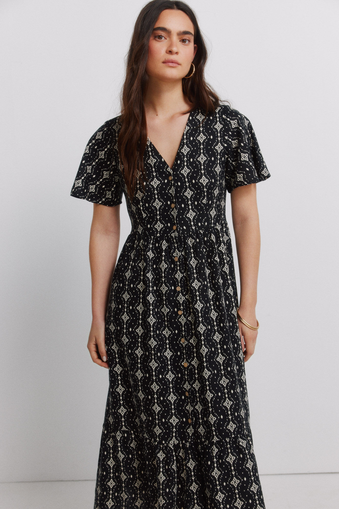Springfield Vestido midi camisero estampado de lino negro