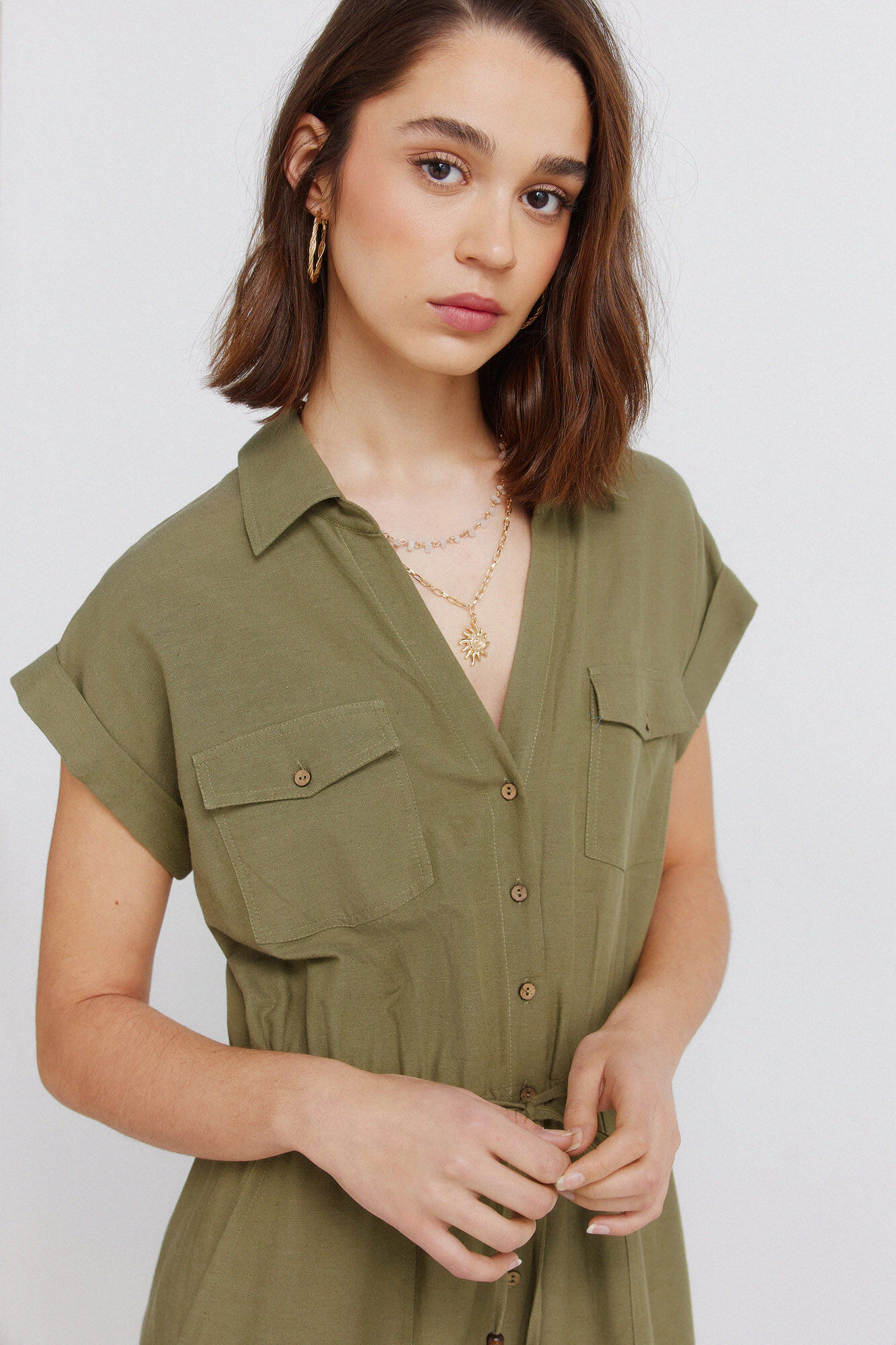 Springfield Jumpsuit de lino con bolsillos kaki