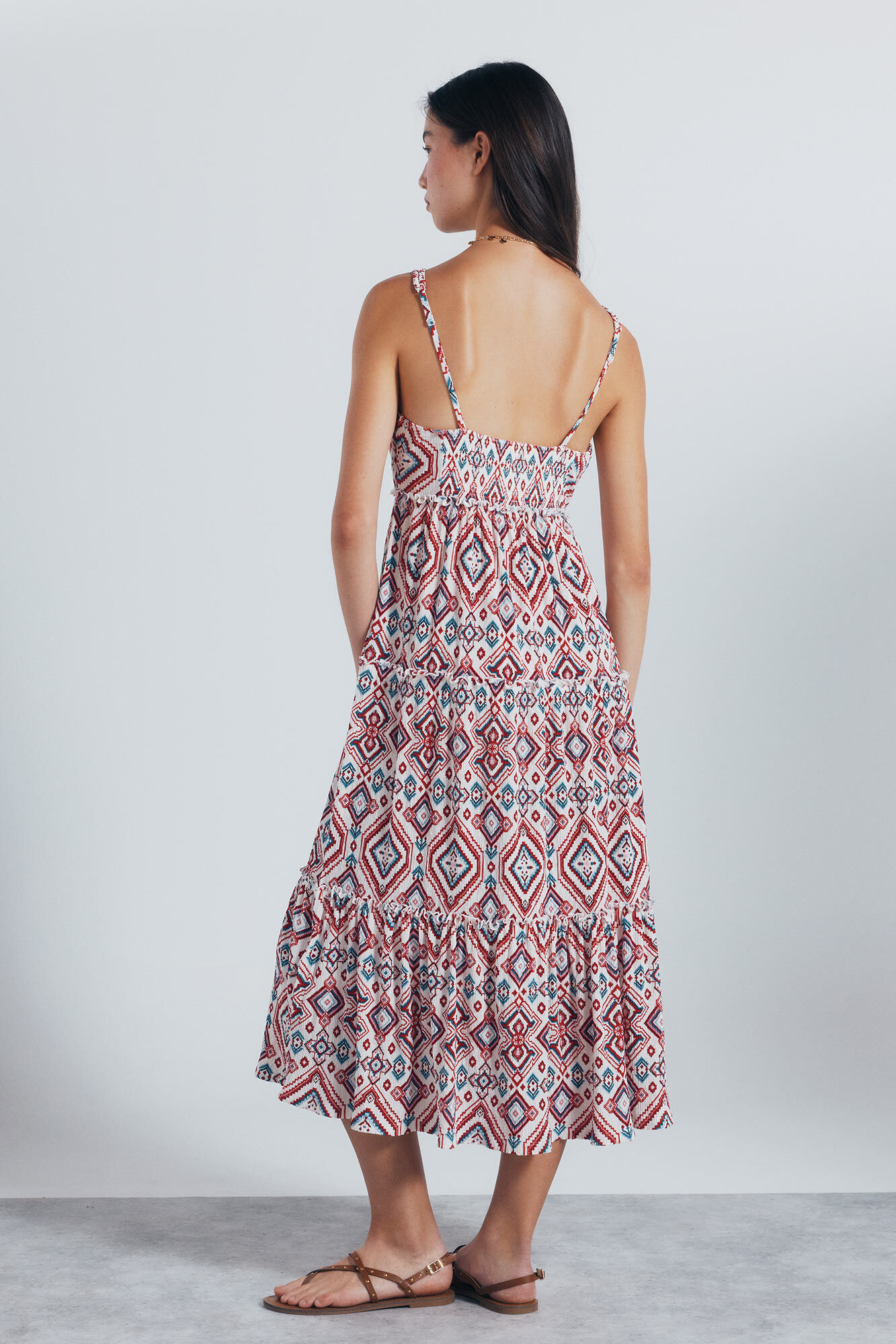 Springfield Vestido midi estampadado &eacute;tnico geom&eacute;trico beige