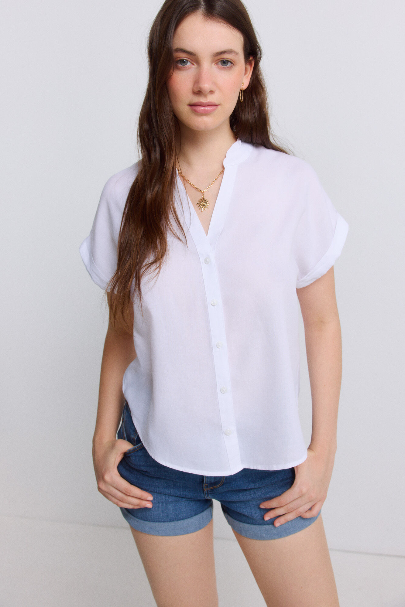 Springfield Blusa cuello mao con volantes natural