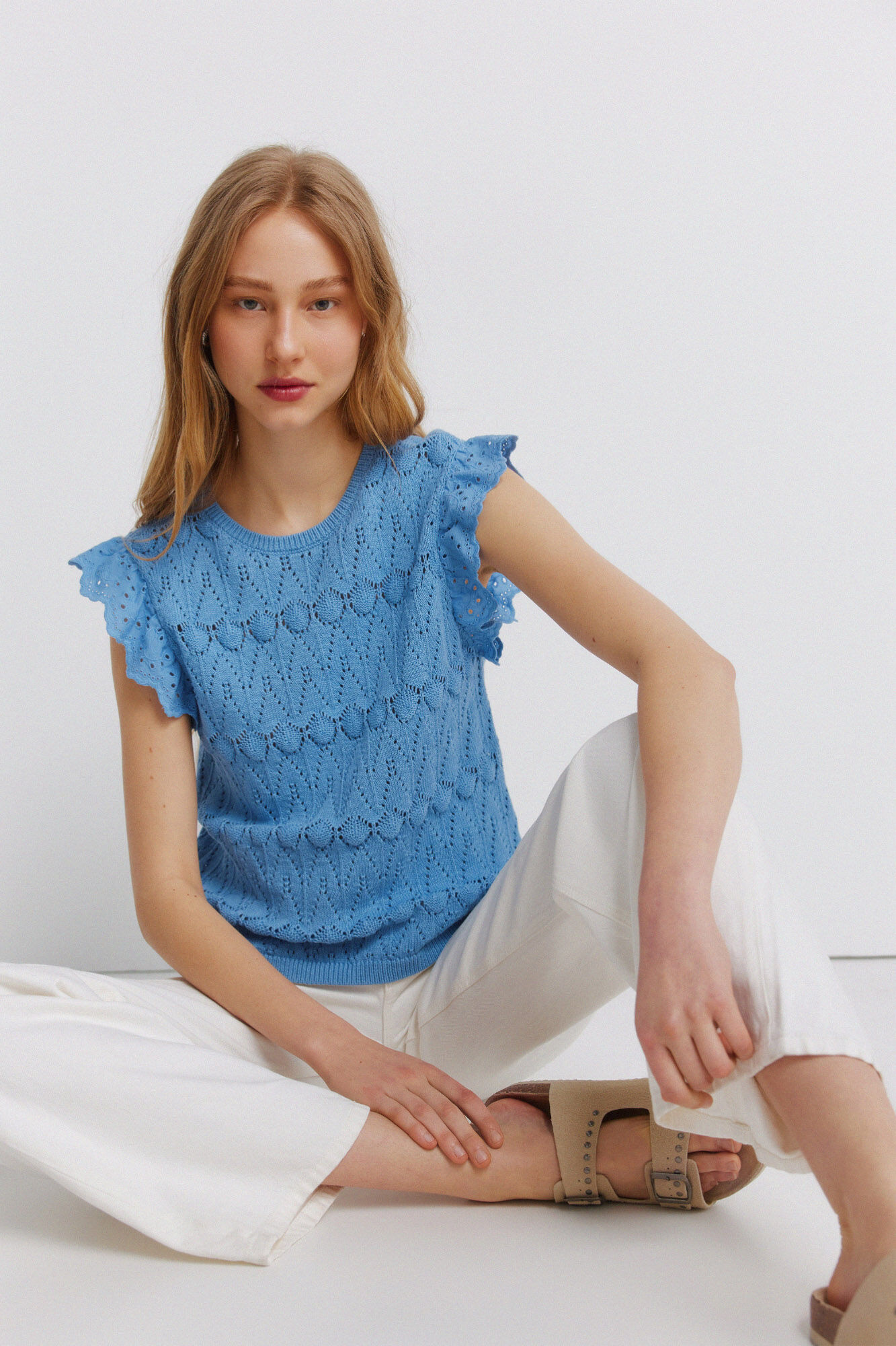 Springfield Top de punto calado con volantes azul