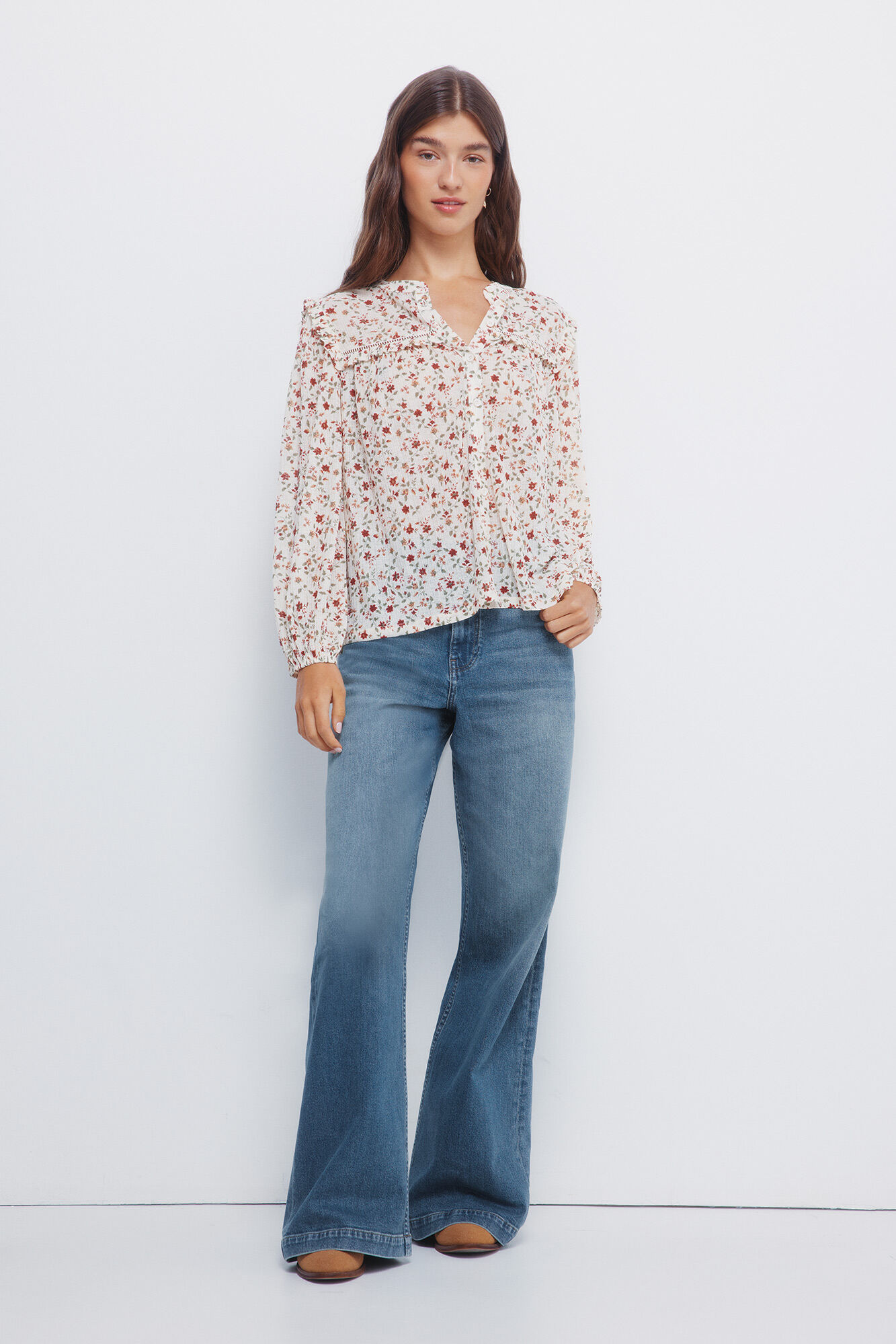 Springfield Blusa estampada con inserciones de volante blanco