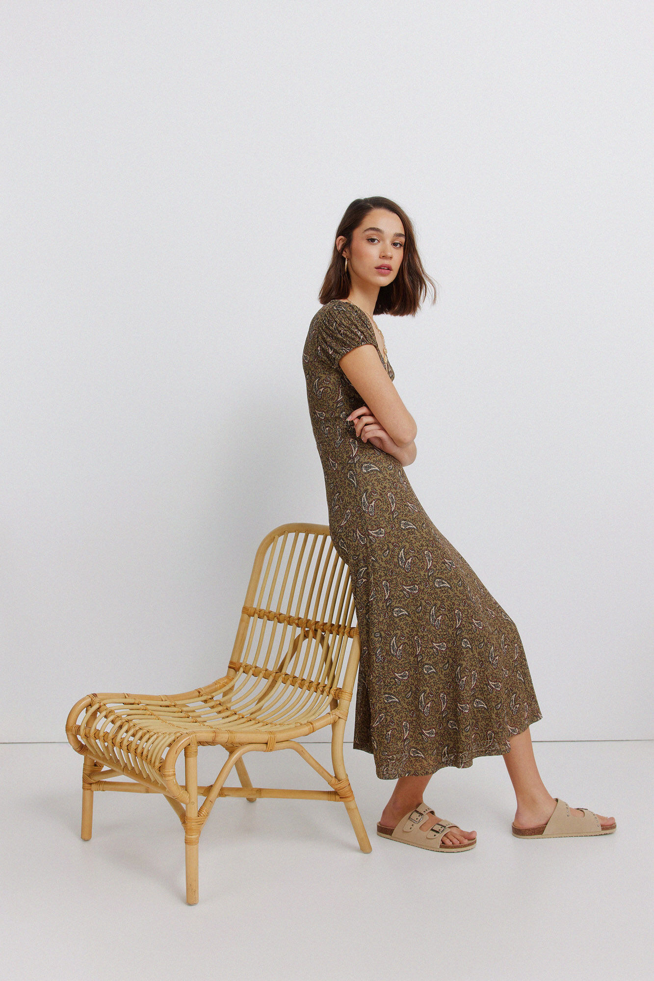 Springfield Vestido midi estampado cenefa kaki