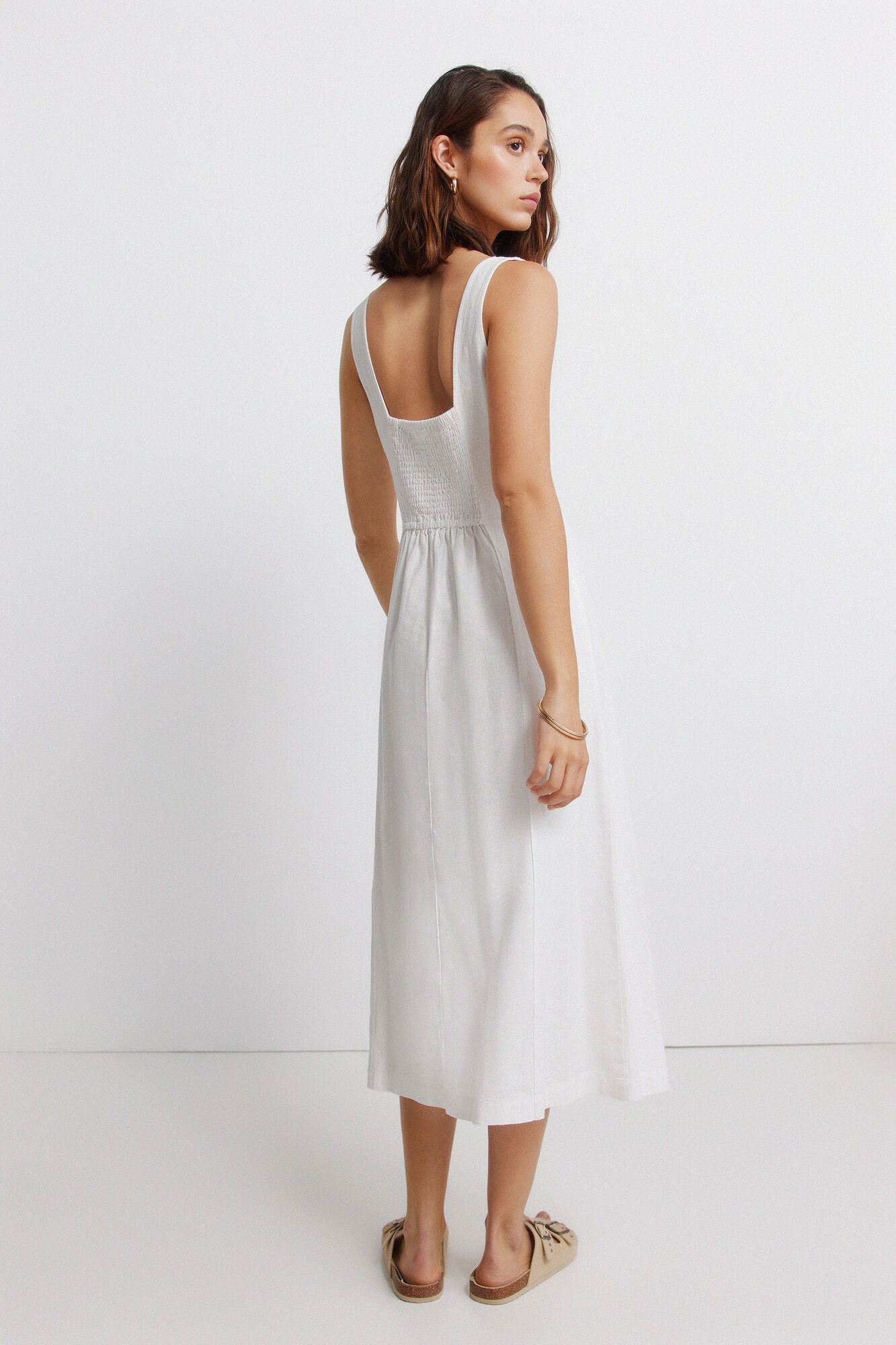 Springfield Vestido de lino con escote cuadrado blanco