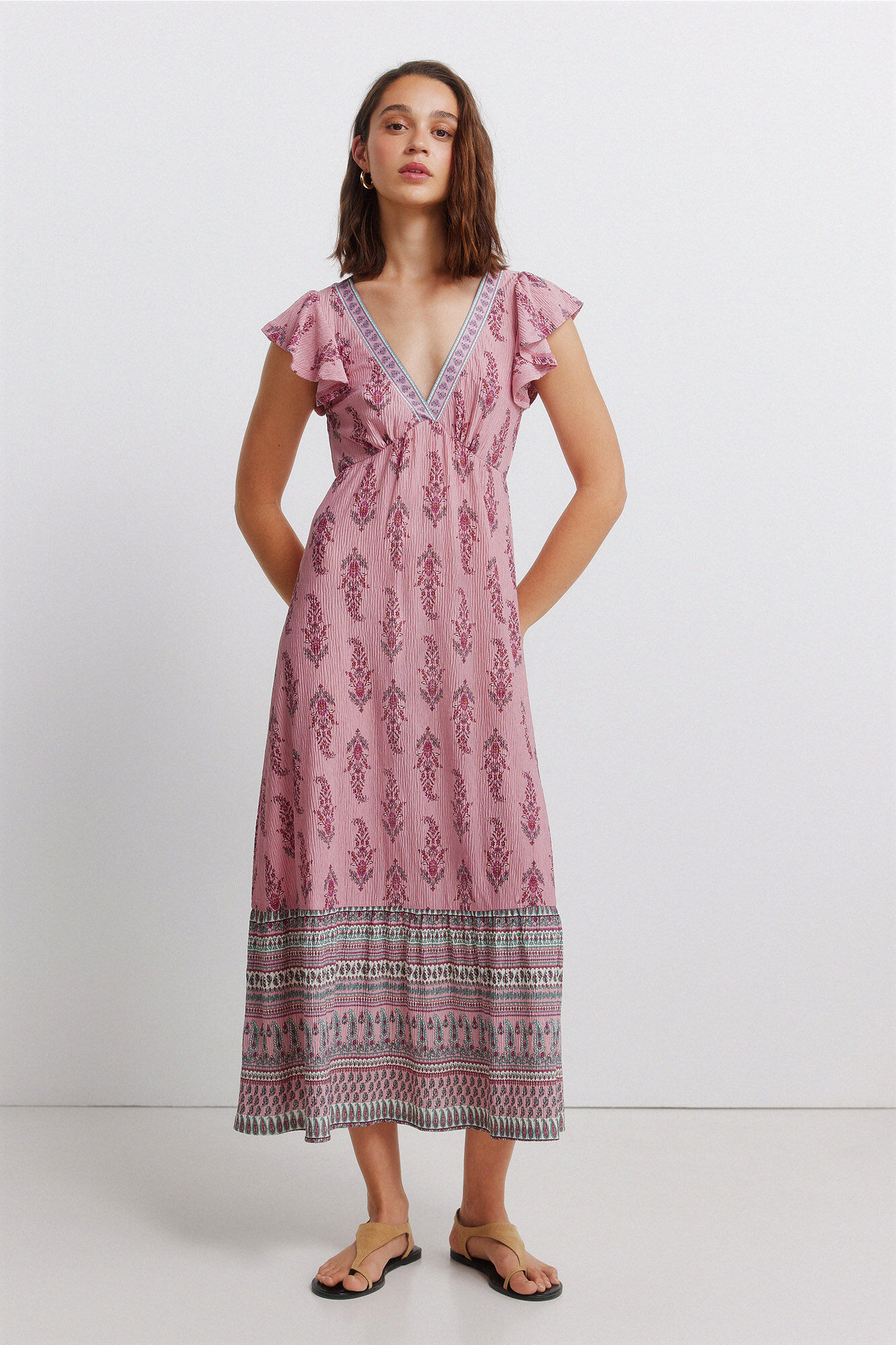 Springfield Vestido midi con volantes estampado cenefa