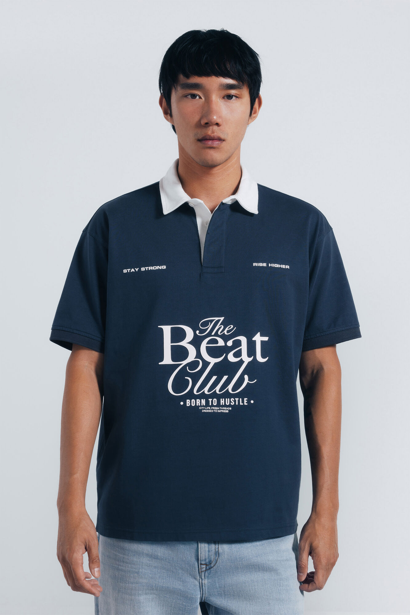 Springfield Polo de rugby con textos de corte cuadrado azul indigo