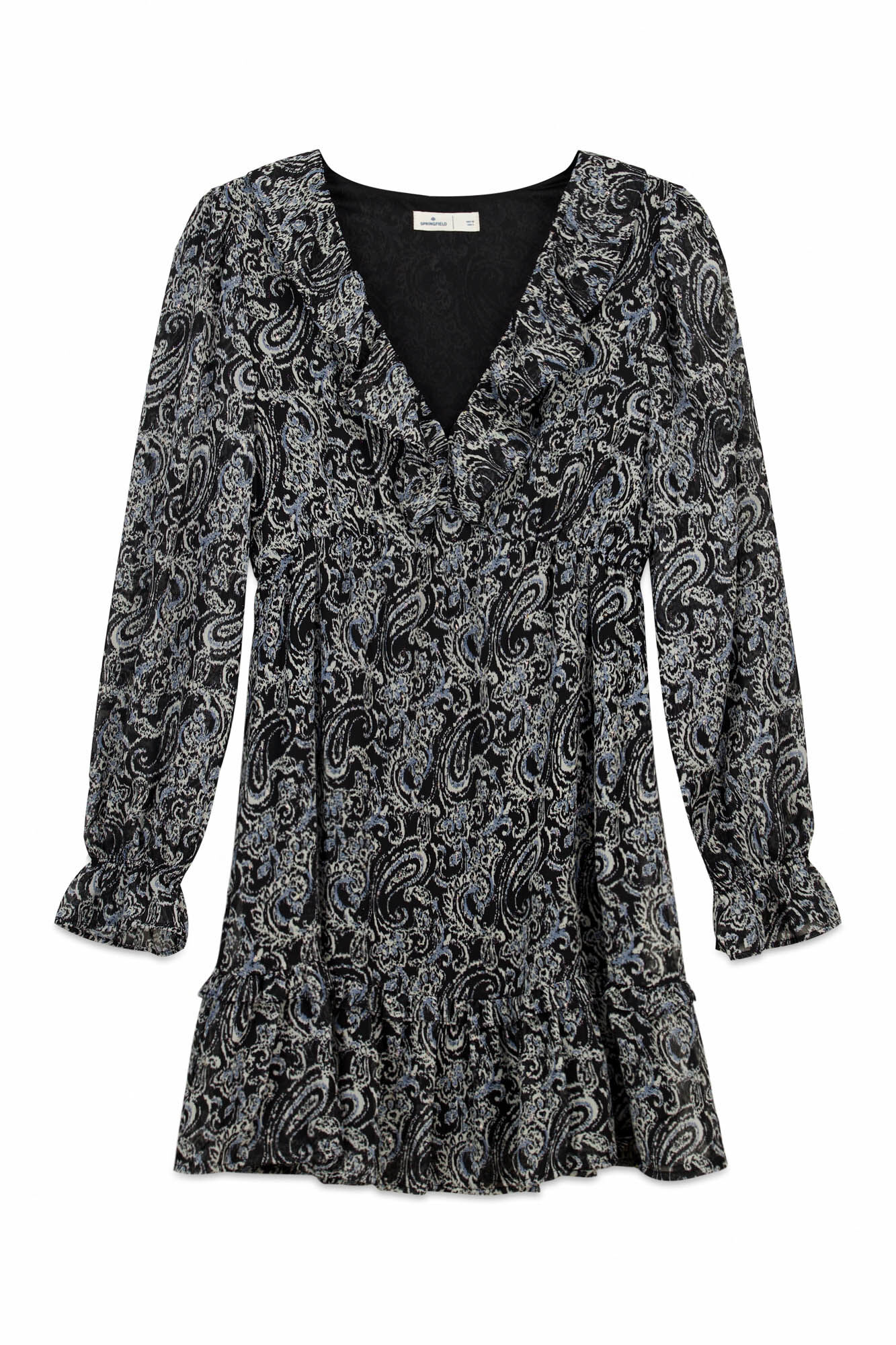 Springfield Vestido corto estampado manga larga negro