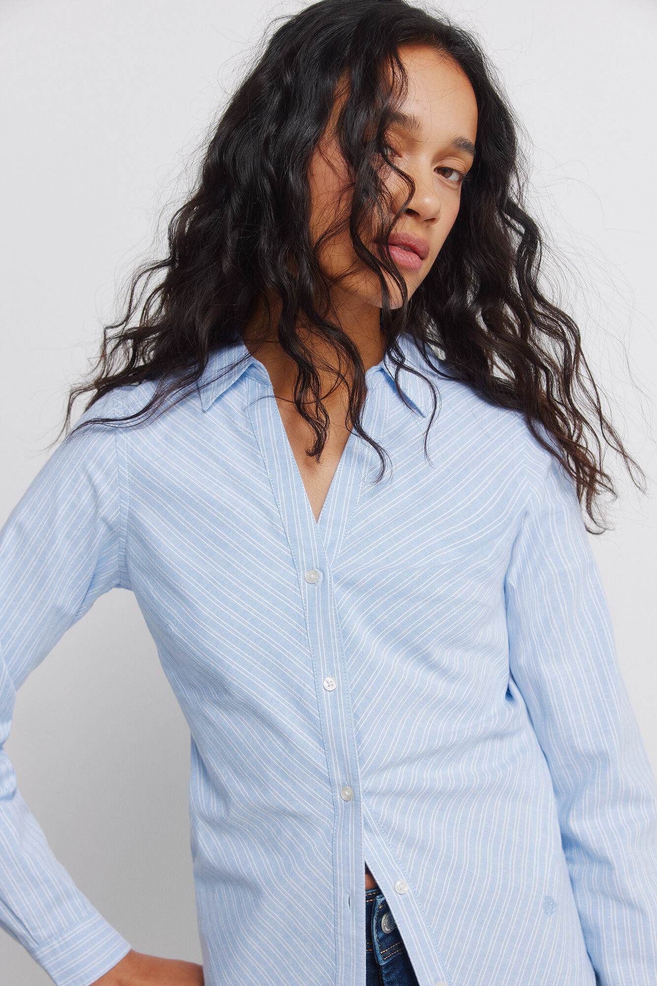 Springfield Camisa de algod&oacute;n Oxford con escote en PICO azul