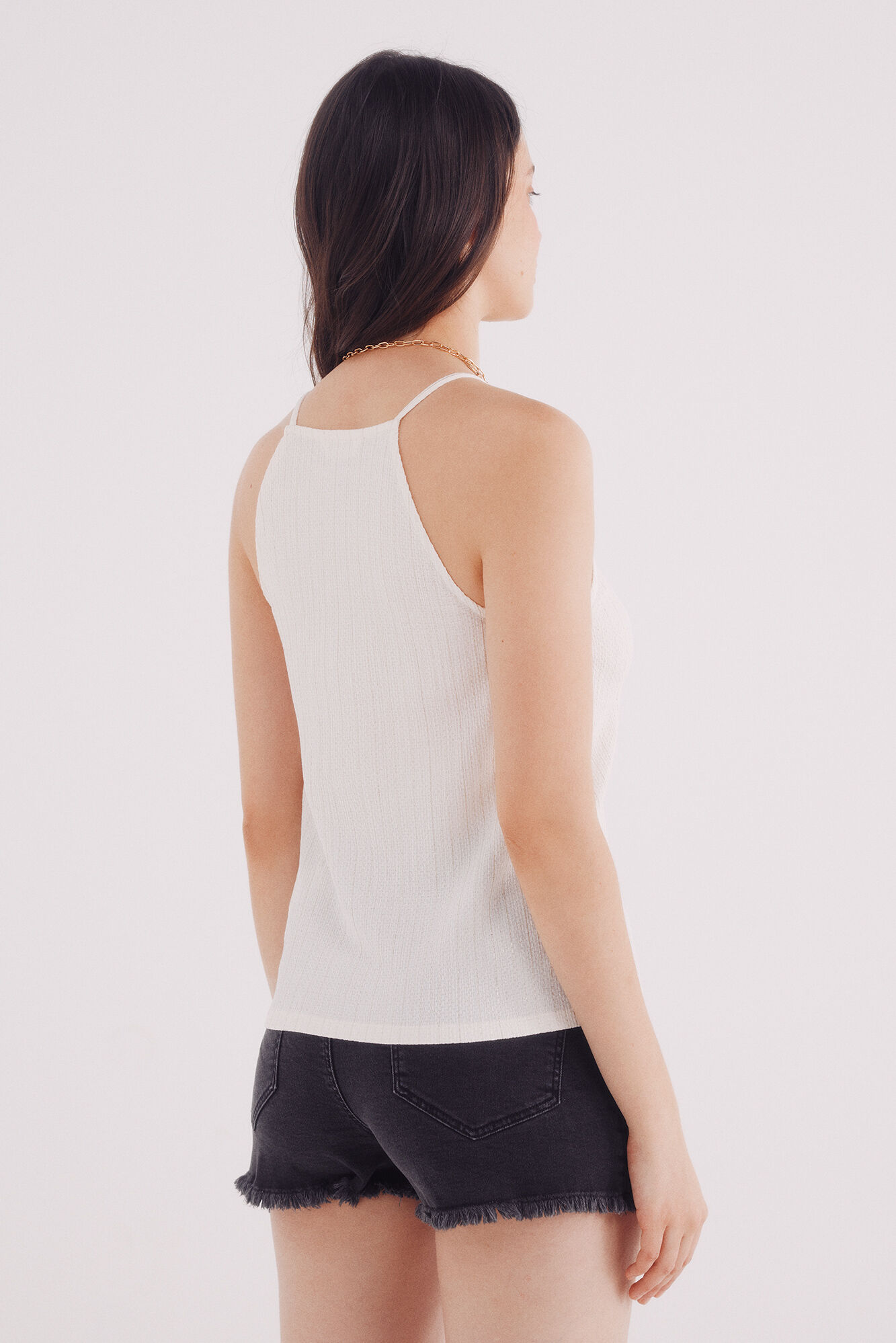 Springfield Top de cuello cuello halter con hilo dorado beige