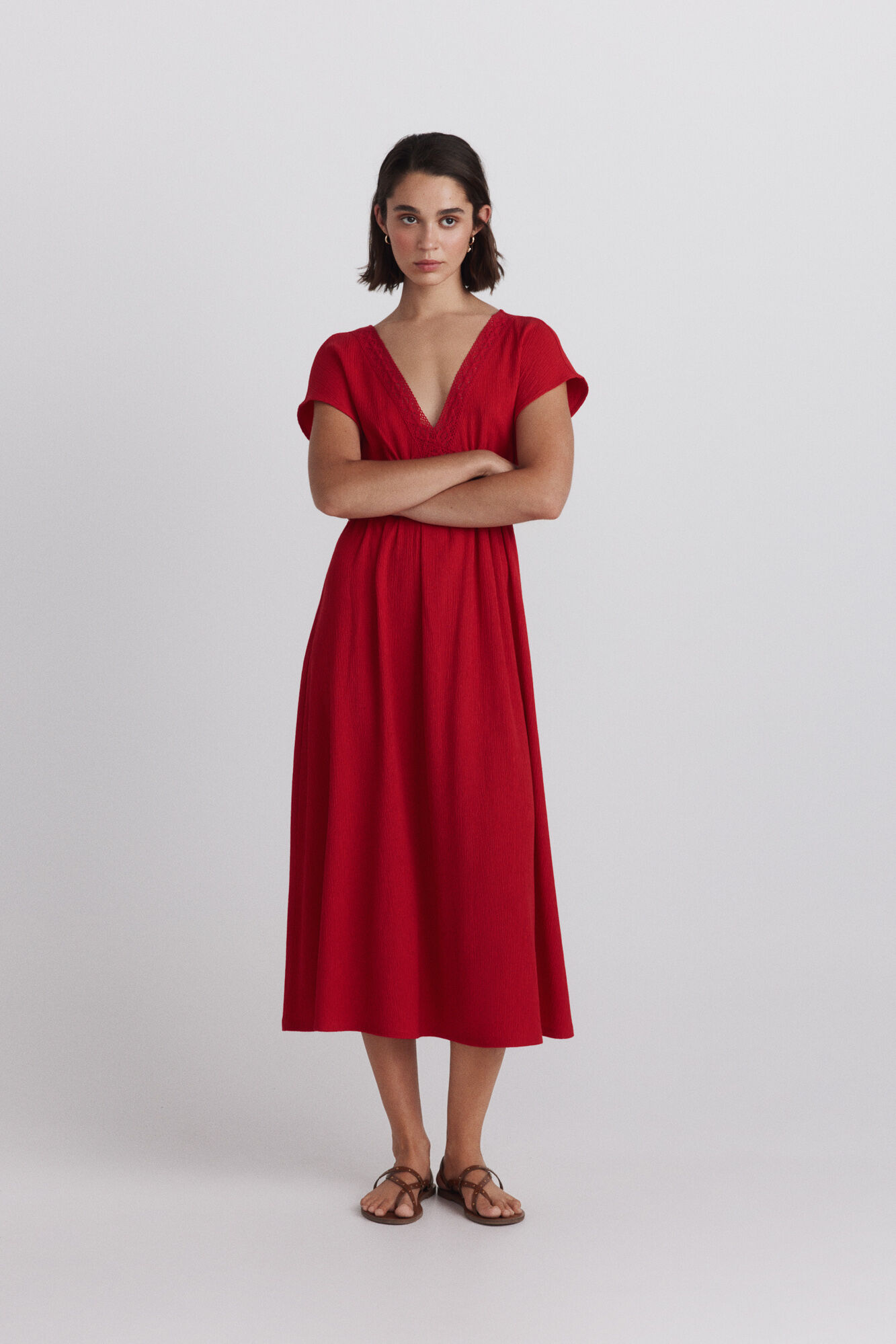 Springfield Vestido midi de manga corta con estampado cenefa