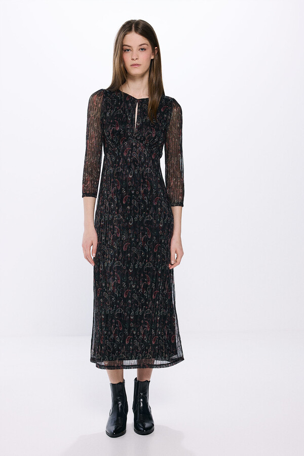 Springfield Vestido midi estampado lurex negro