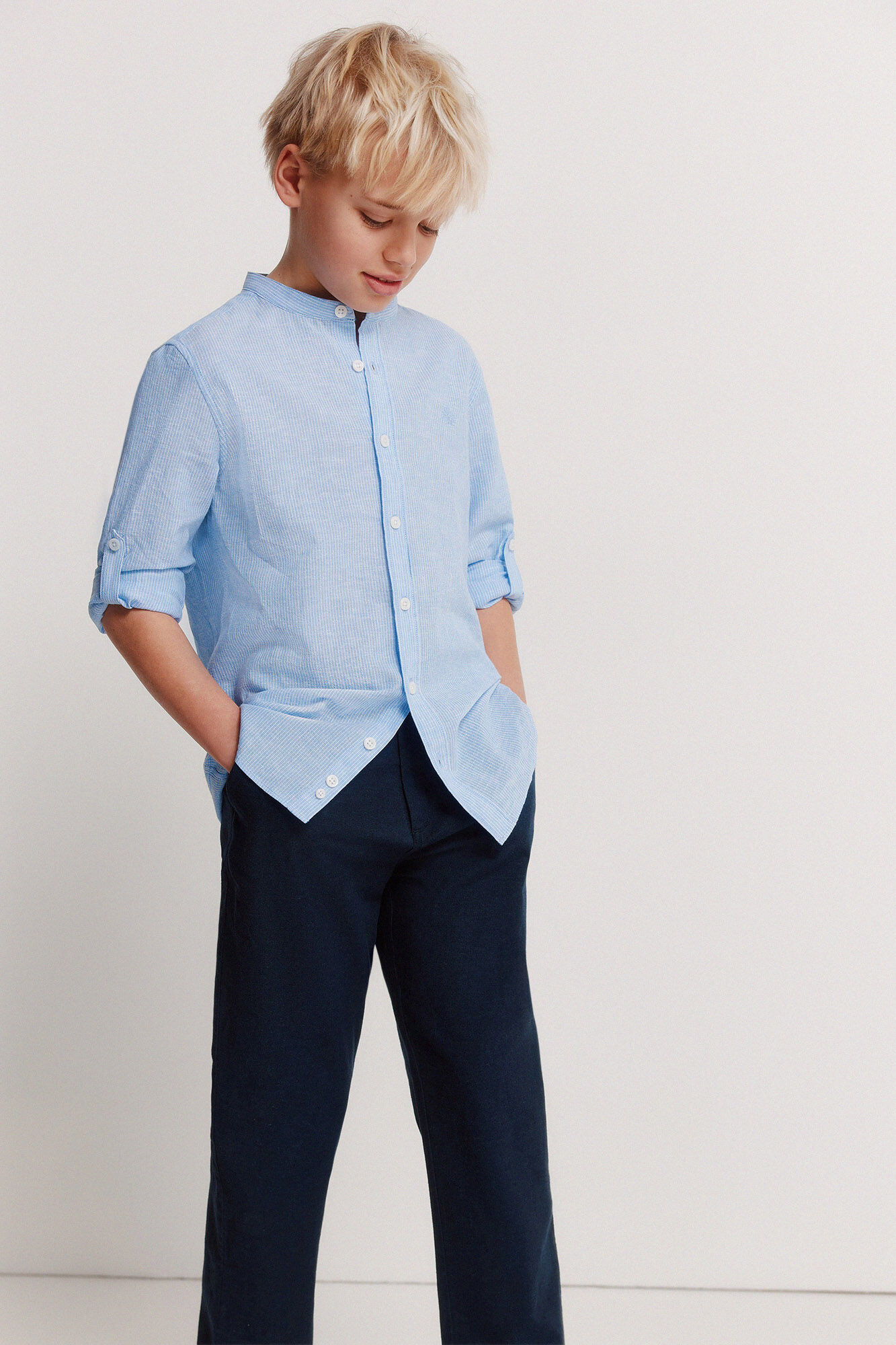 Springfield Kids Camisa cuello mao a rayas de lino para ni&ntilde;o azul