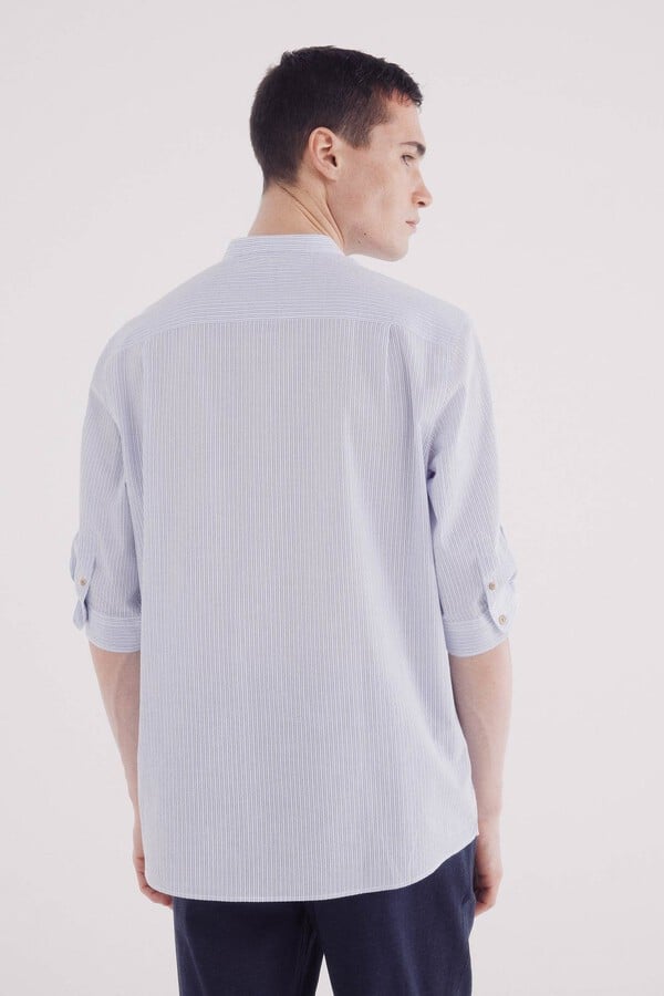 Springfield Camisa mao 3/4 seersucker rayas azul tinta