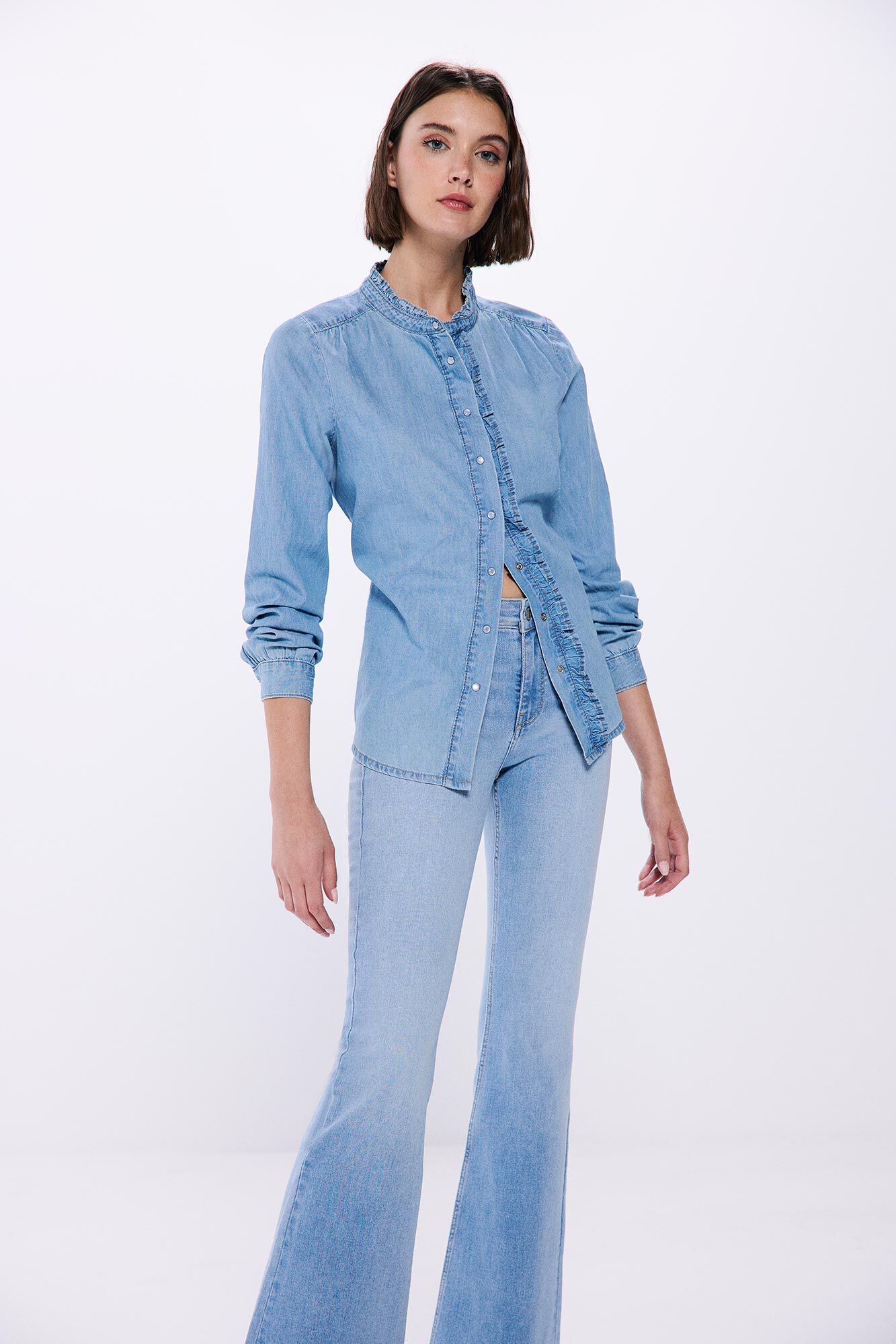 Springfield Blusa denim volantes azul tinta