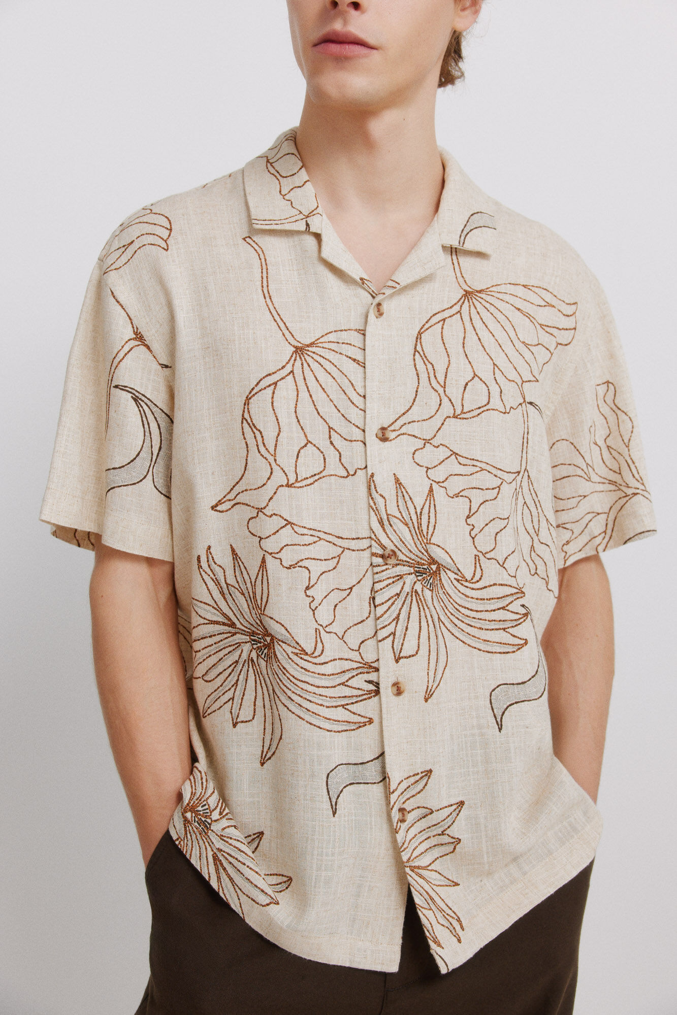 Springfield Camisa de manga corta estampada de lino y viscosa beige
