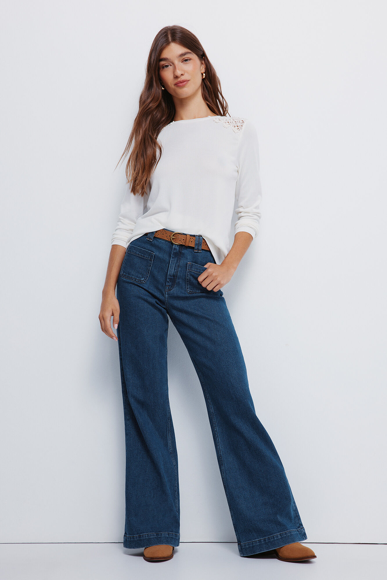 Springfield Playera con hombros al crochet blanco