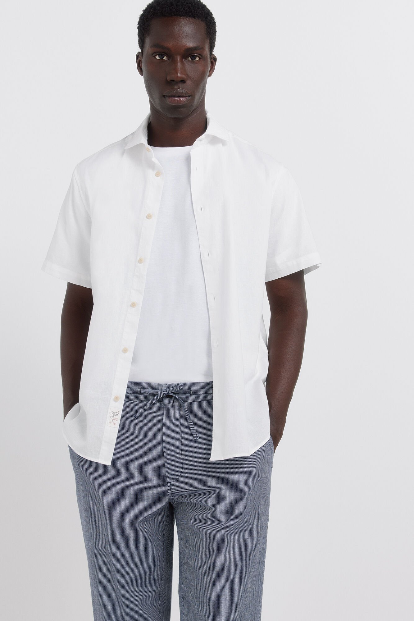 Springfield Pantal&oacute;n chino de lino a rayas straight fit azulado