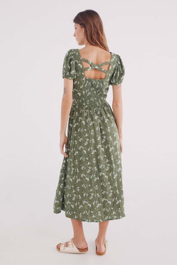Springfield Vestido midi espalda cruzada lino verde