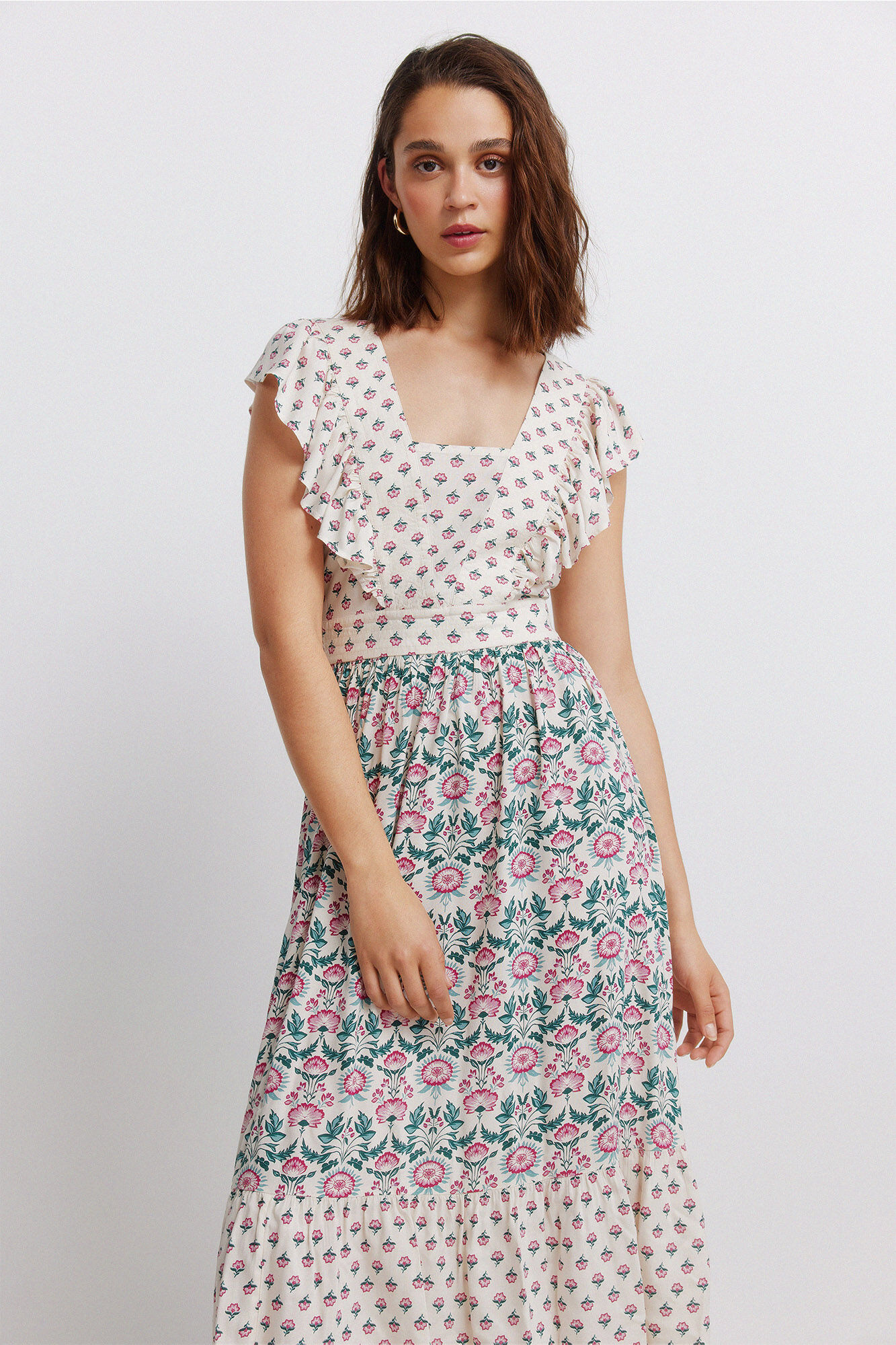 Springfield Vestido midi estampado con volantes blanco