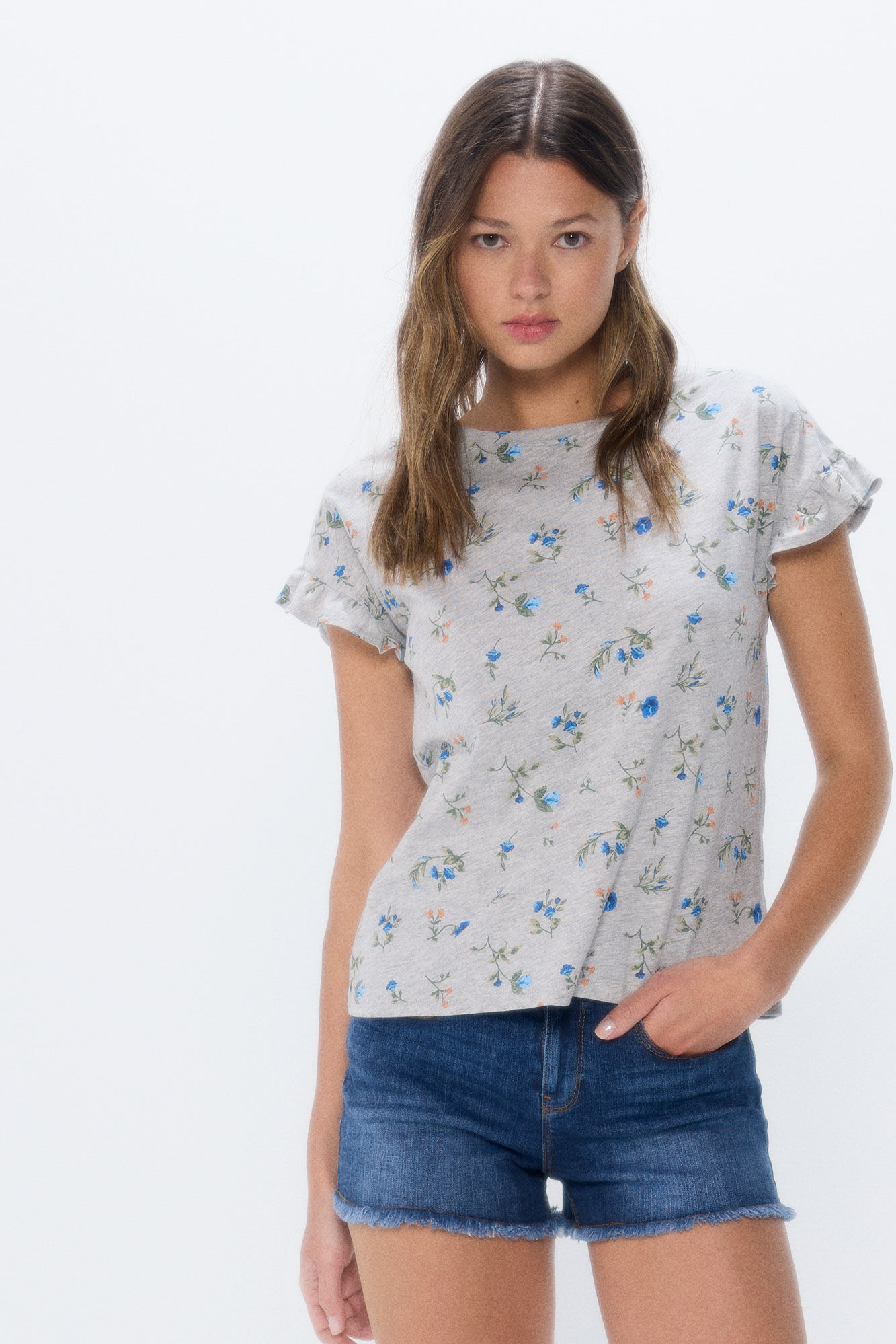 Springfield Playera estampada mangas volante gris