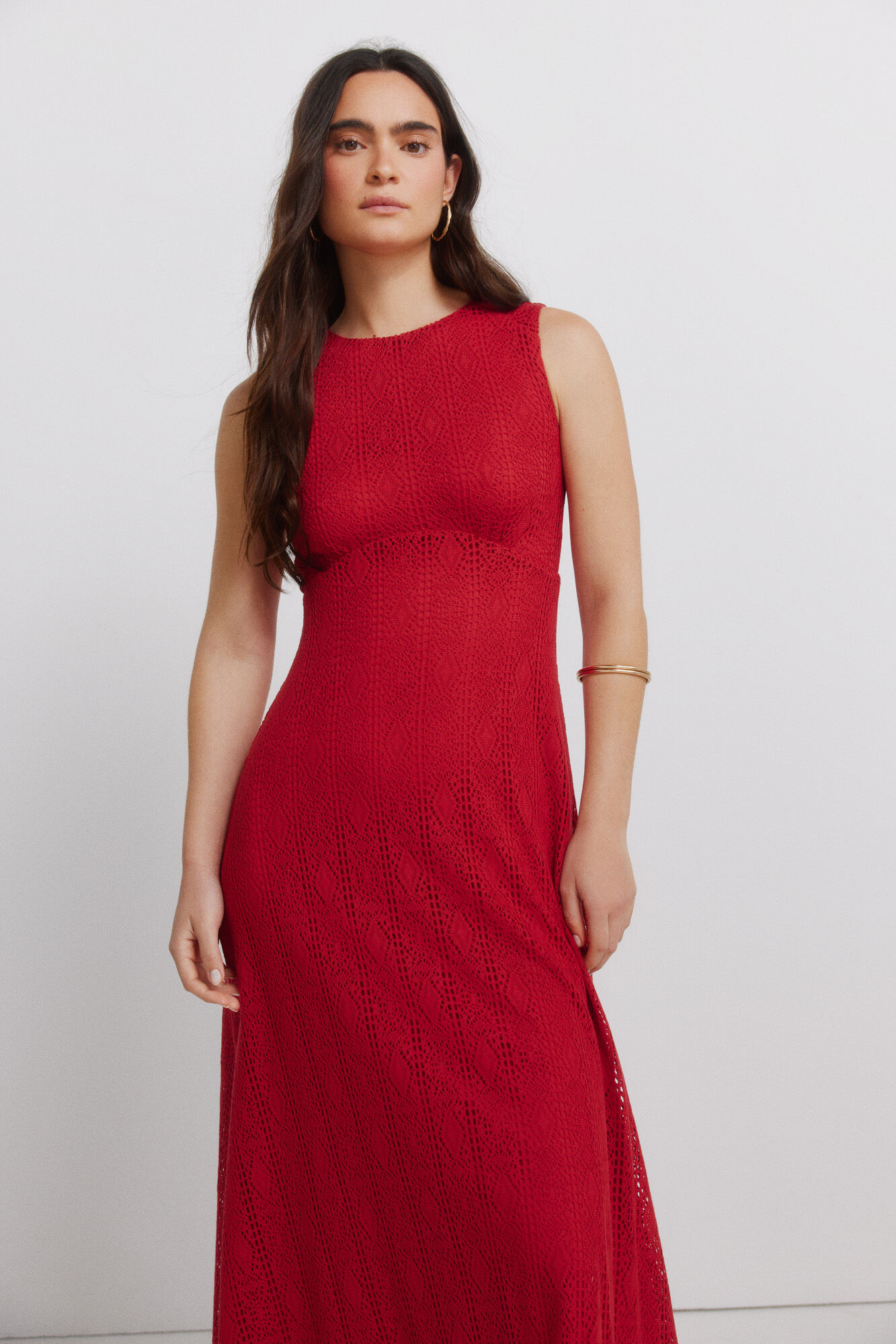 Springfield Vestido midi de tirantes bordado rojo