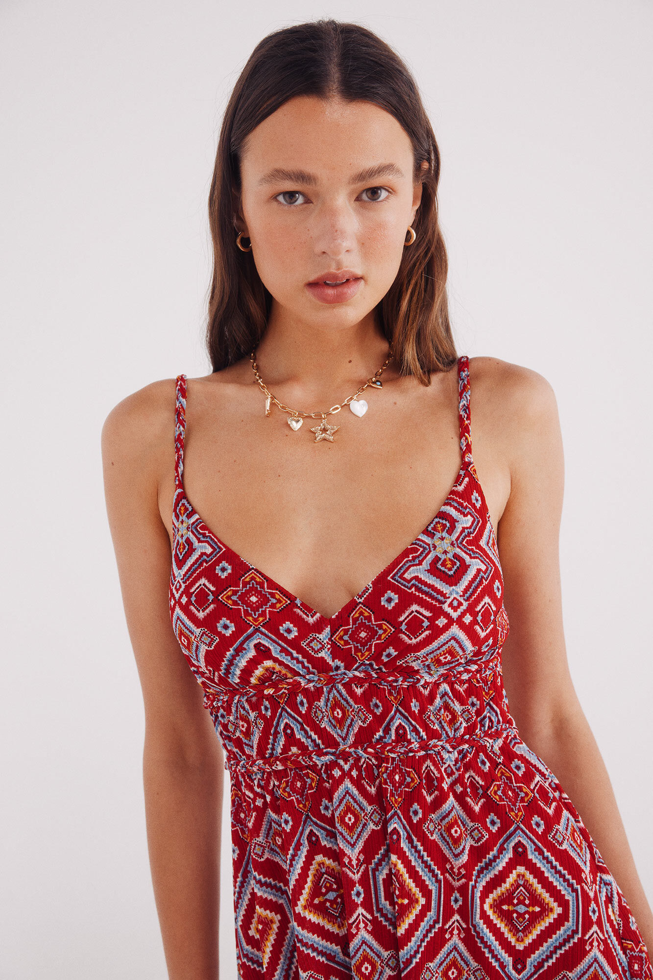 Springfield Vestido midi estampado detalles trenzados