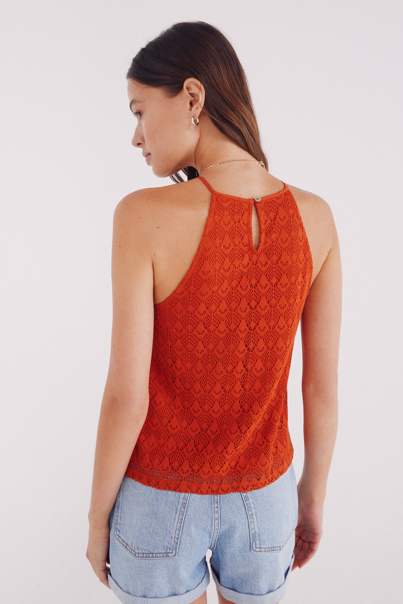 Springfield Top escote halter crochet naranja