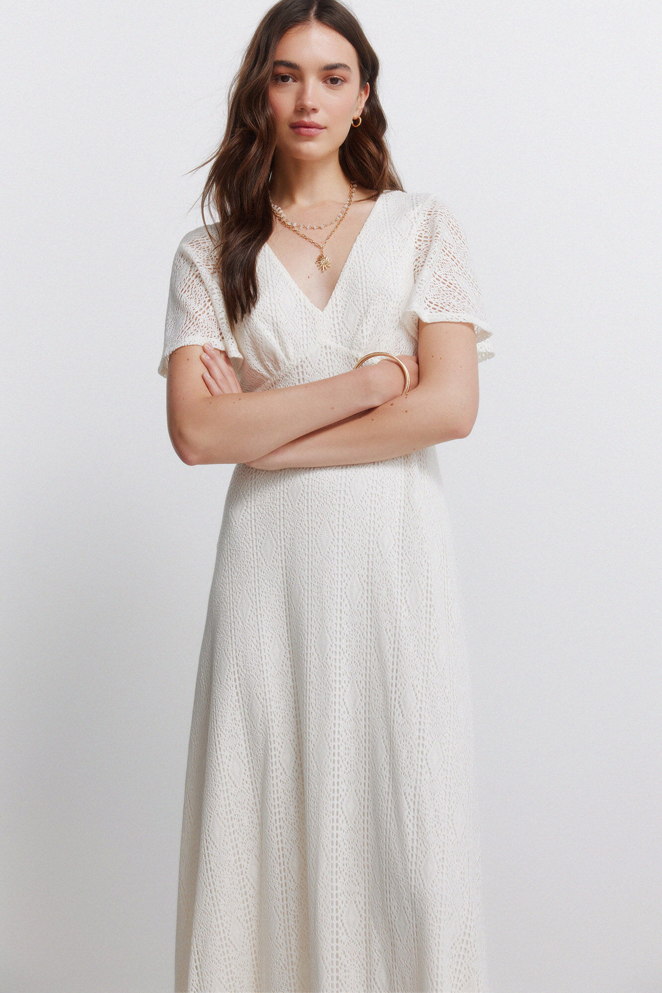 Springfield Vestido midi bordado blanco