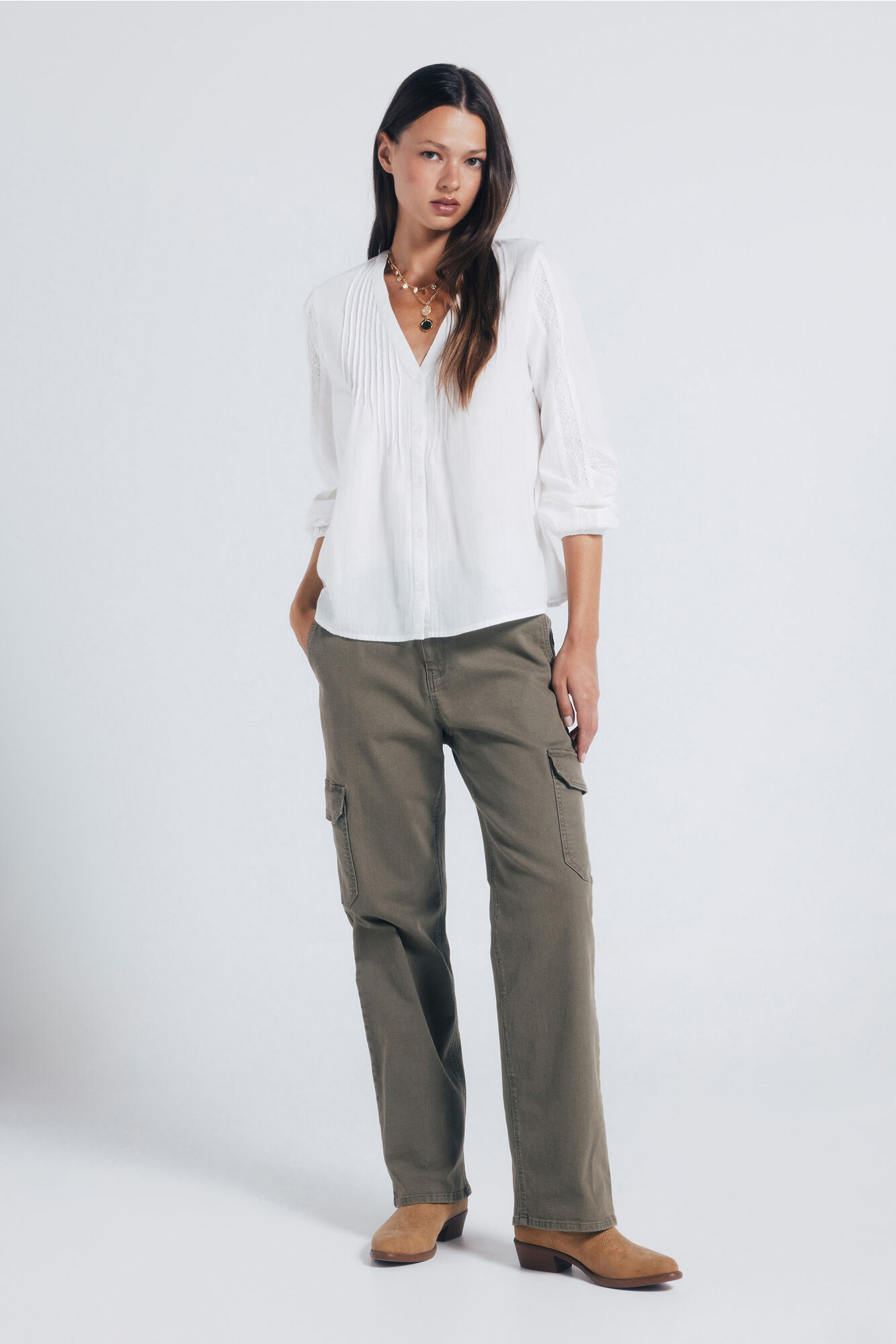 Springfield Blusa plisados mangas lace caf&eacute;