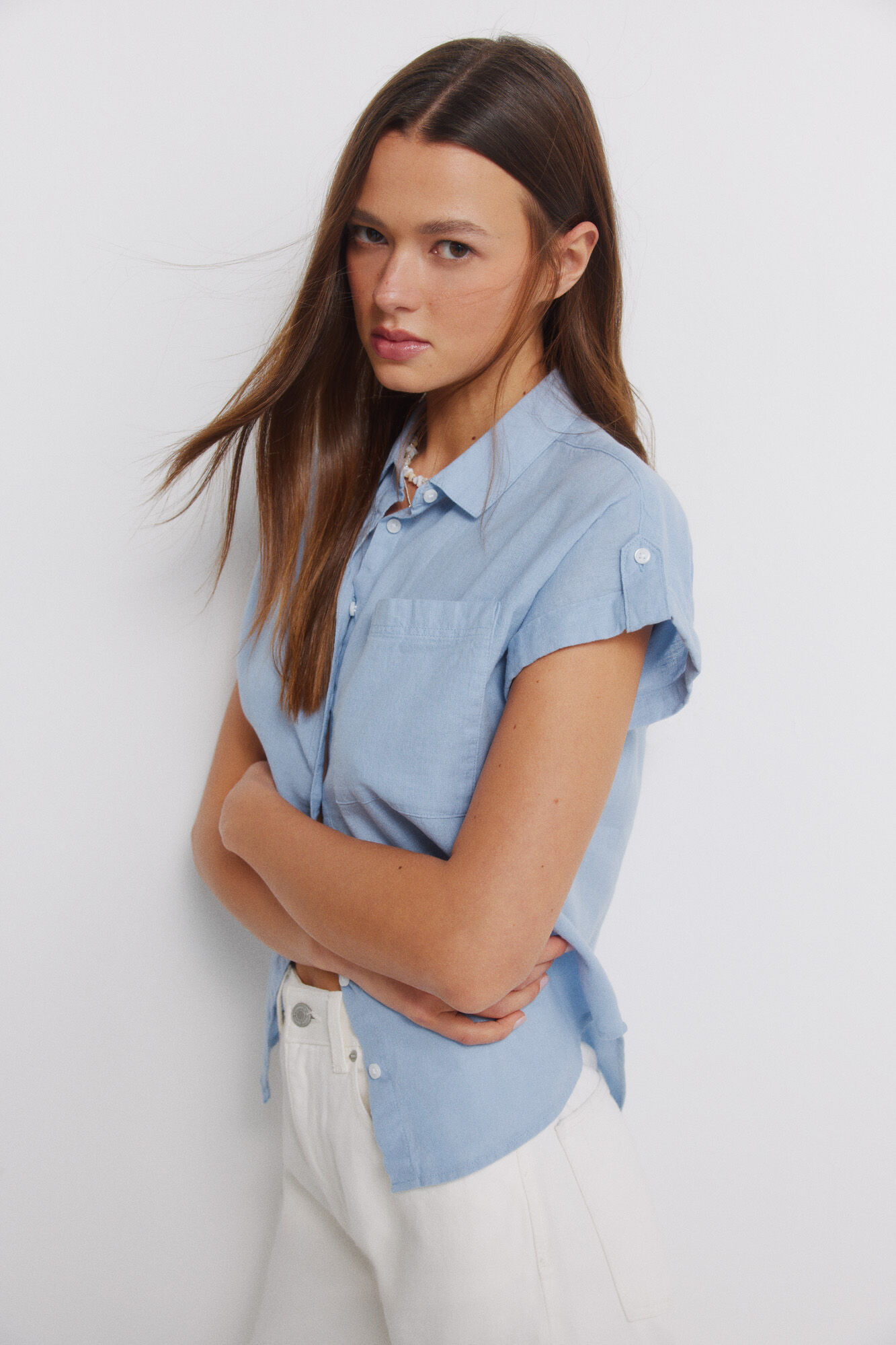 Springfield Camisa de manga corta de lino azul